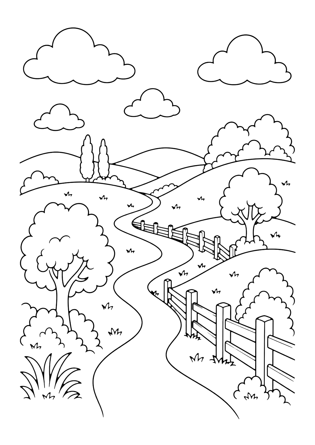 Coloriage chemin entre les collines