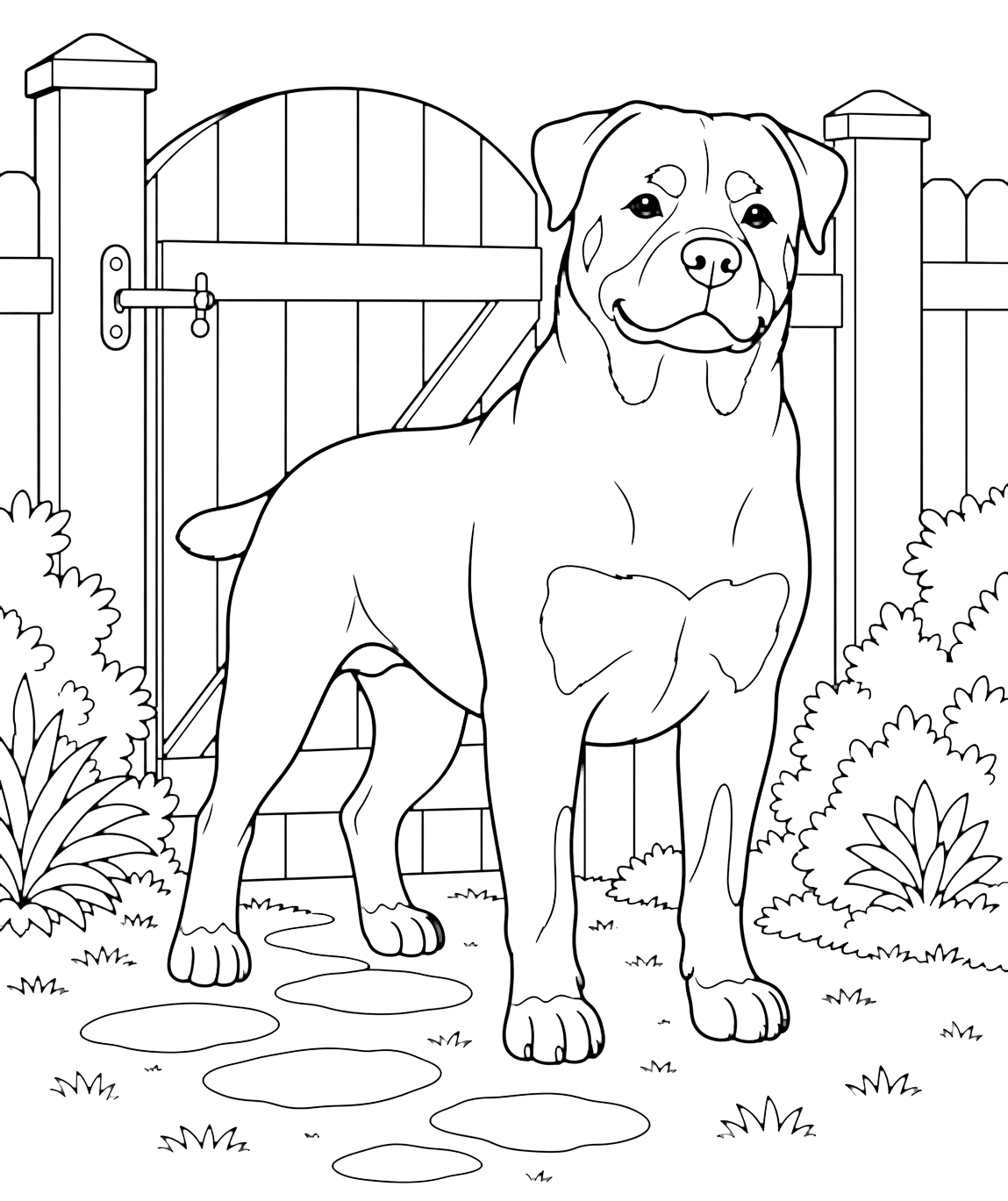 Coloriage rottweiler près d'un portail de jardin
