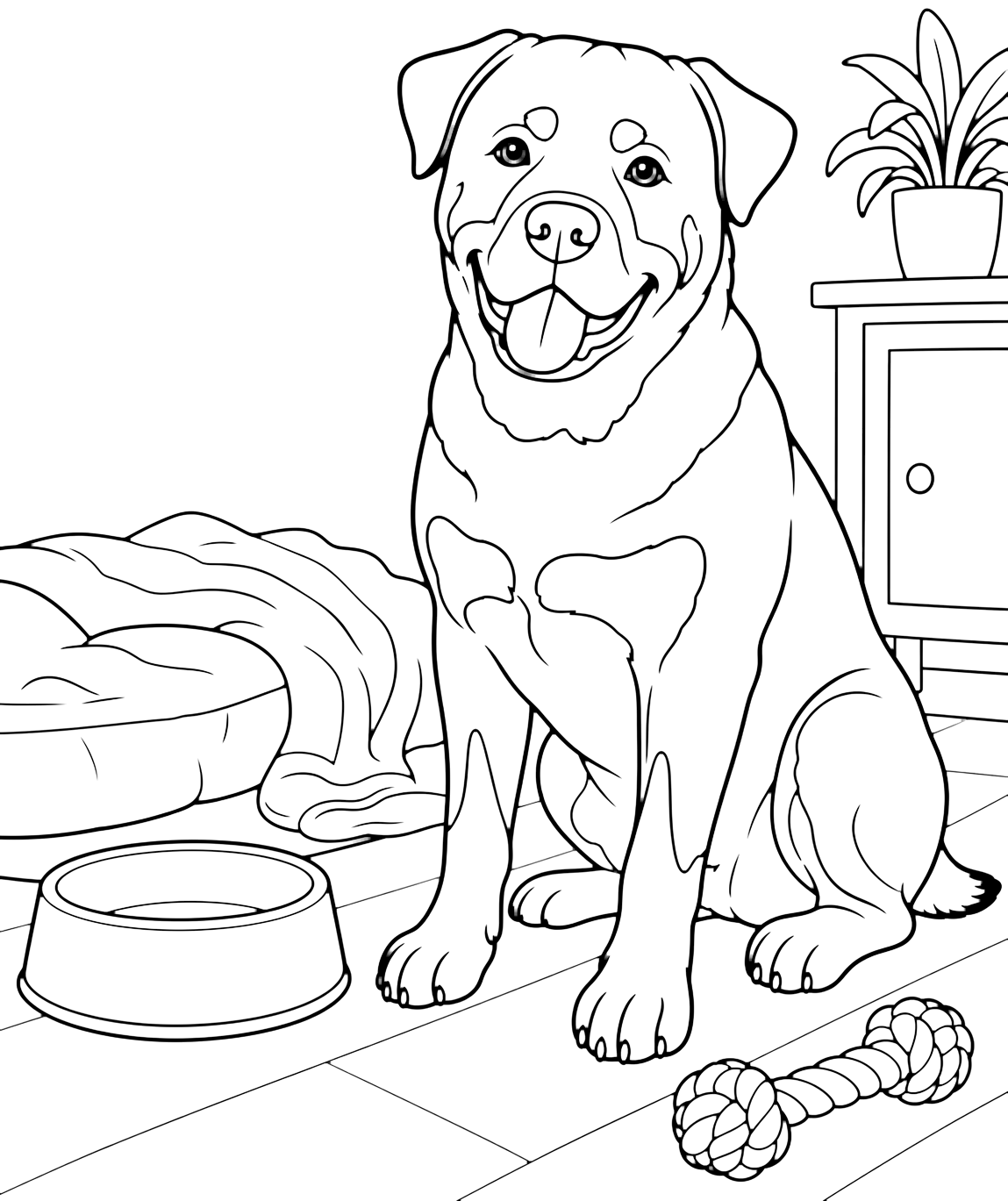 Rottweiler with Family Dog Bowl coloring page for kids
