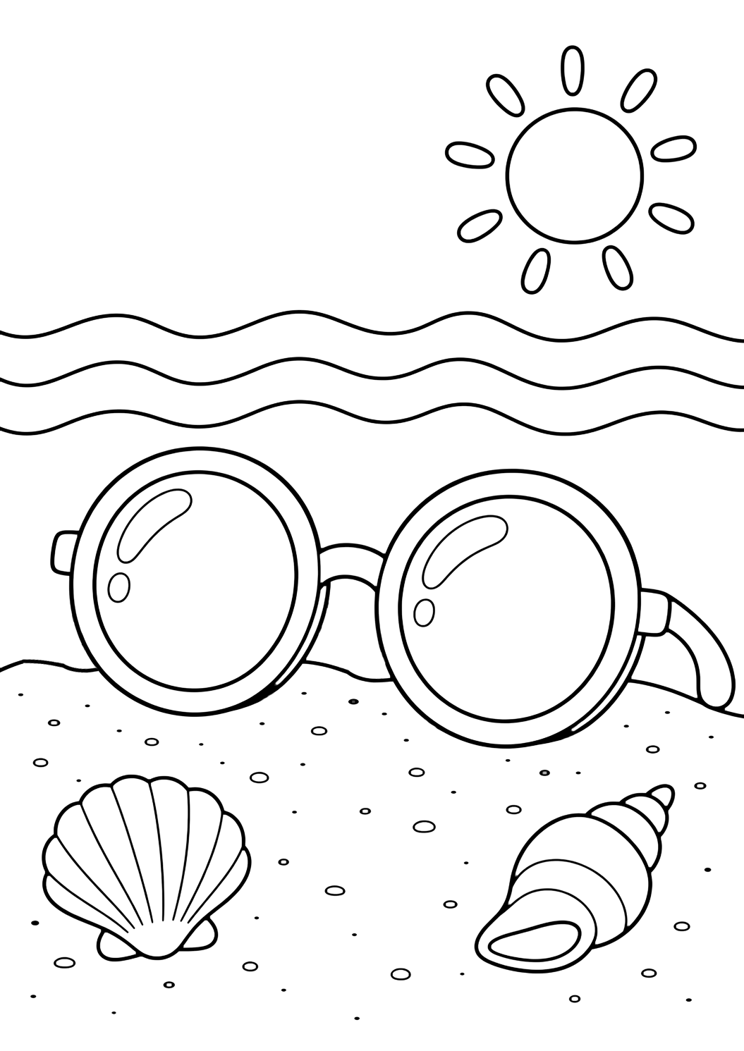 round sunglasses coloring page with round sunglasses resting on sand with two seashells, three gentle wave lines, and a small sun