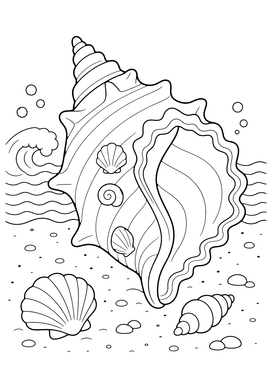 Disegno da colorare con conchiglia reale. Adatto a bambini, spiaggia, estate, stampa e colorazione online.