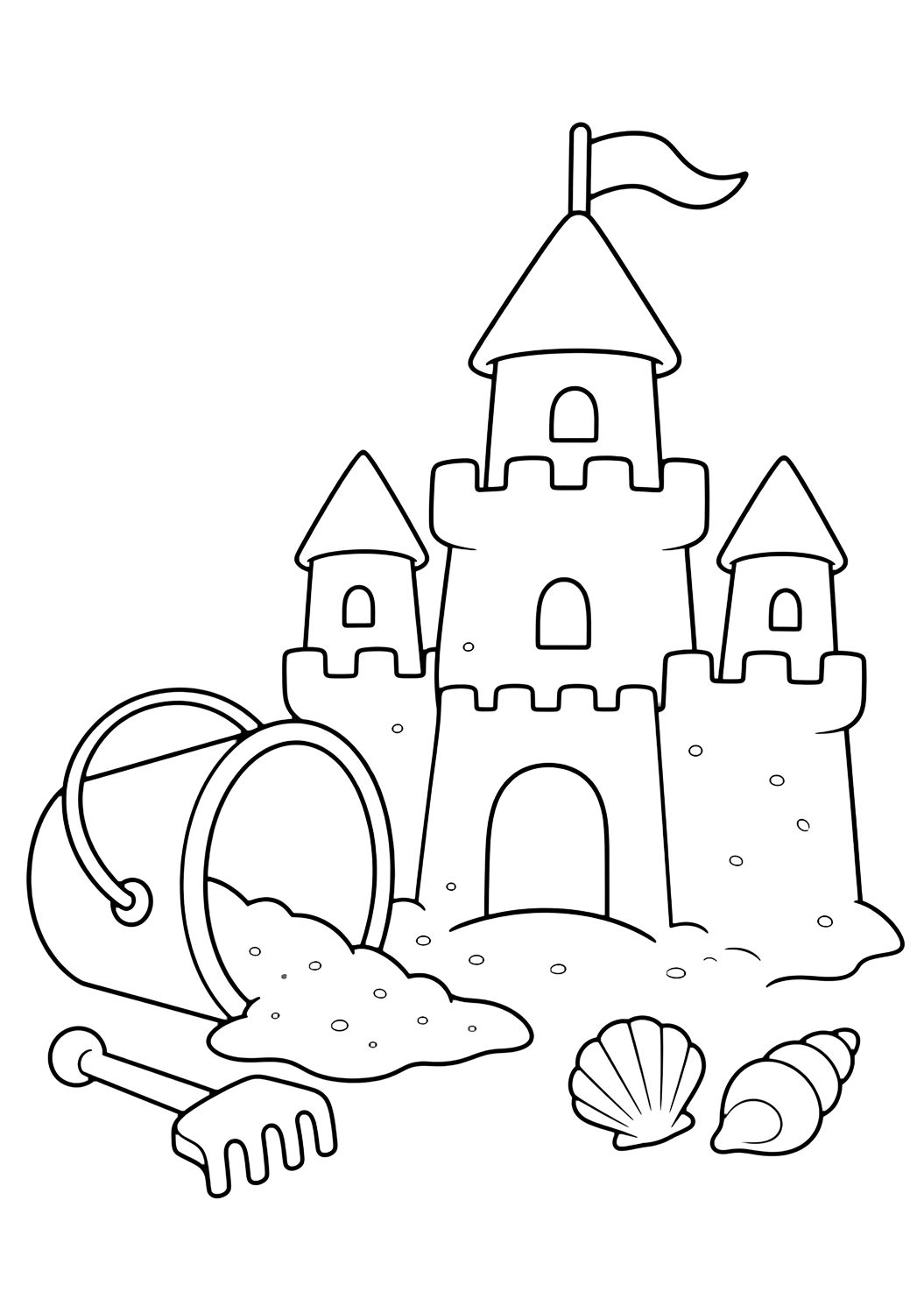 Ausmalbild mit sandburg und strandeimer. Geeignet für Kinder, Strandthemen, Sommer, Ausdrucke und Online-Ausmalen.