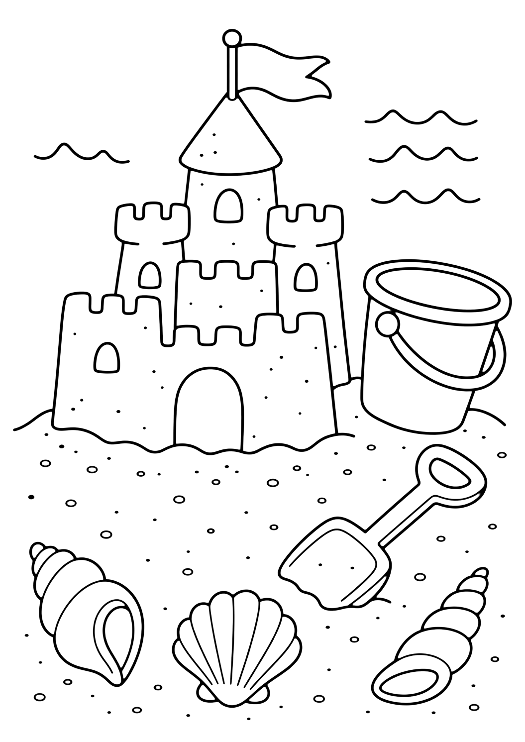 Лятна doodle картинка за оцветяване с пясъчен замък doodle. Подходяща за деца, печат и онлайн оцветяване.