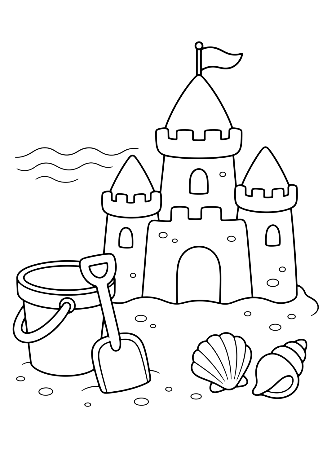 sandcastle with bucket and shovel coloring page with a friendly sandcastle beside a beach bucket and shovel, with two shells and a gentle wave line in the background for kids
