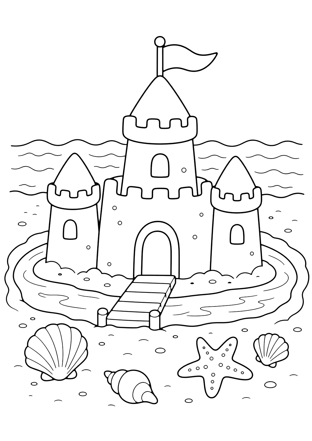 Ausmalbild mit sandburg mit wassergraben. Geeignet für Kinder, Strandthemen, Sommer, Ausdrucke und Online-Ausmalen.