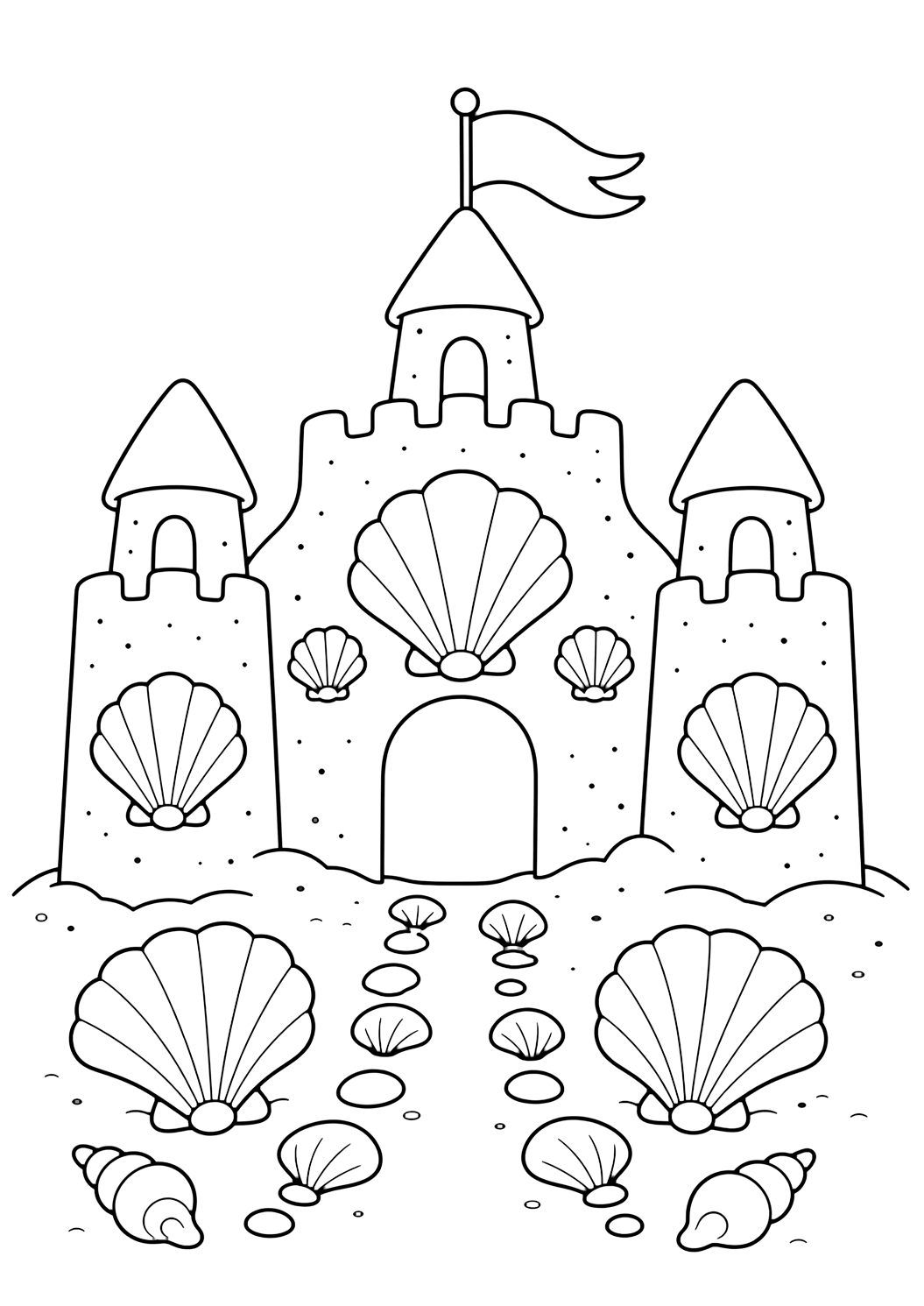 sandcastle with seashells coloring page with a cute sandcastle decorated with large seashells, a shell path, two towers, and a little flag for kids