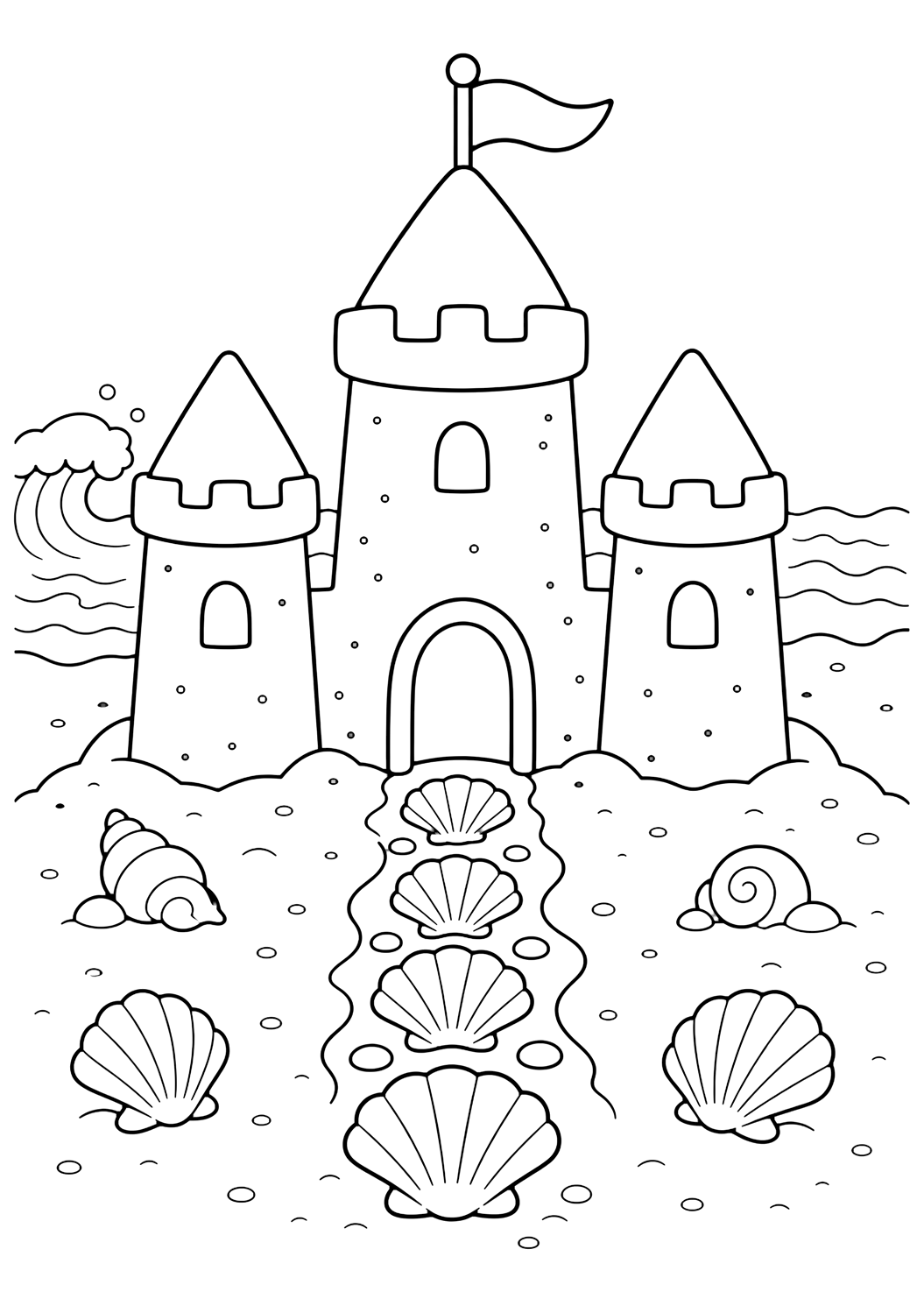 sandcastle with shell path coloring page with a sandcastle with a path of large shells leading to the door, two side towers, and a small wave behind for kids