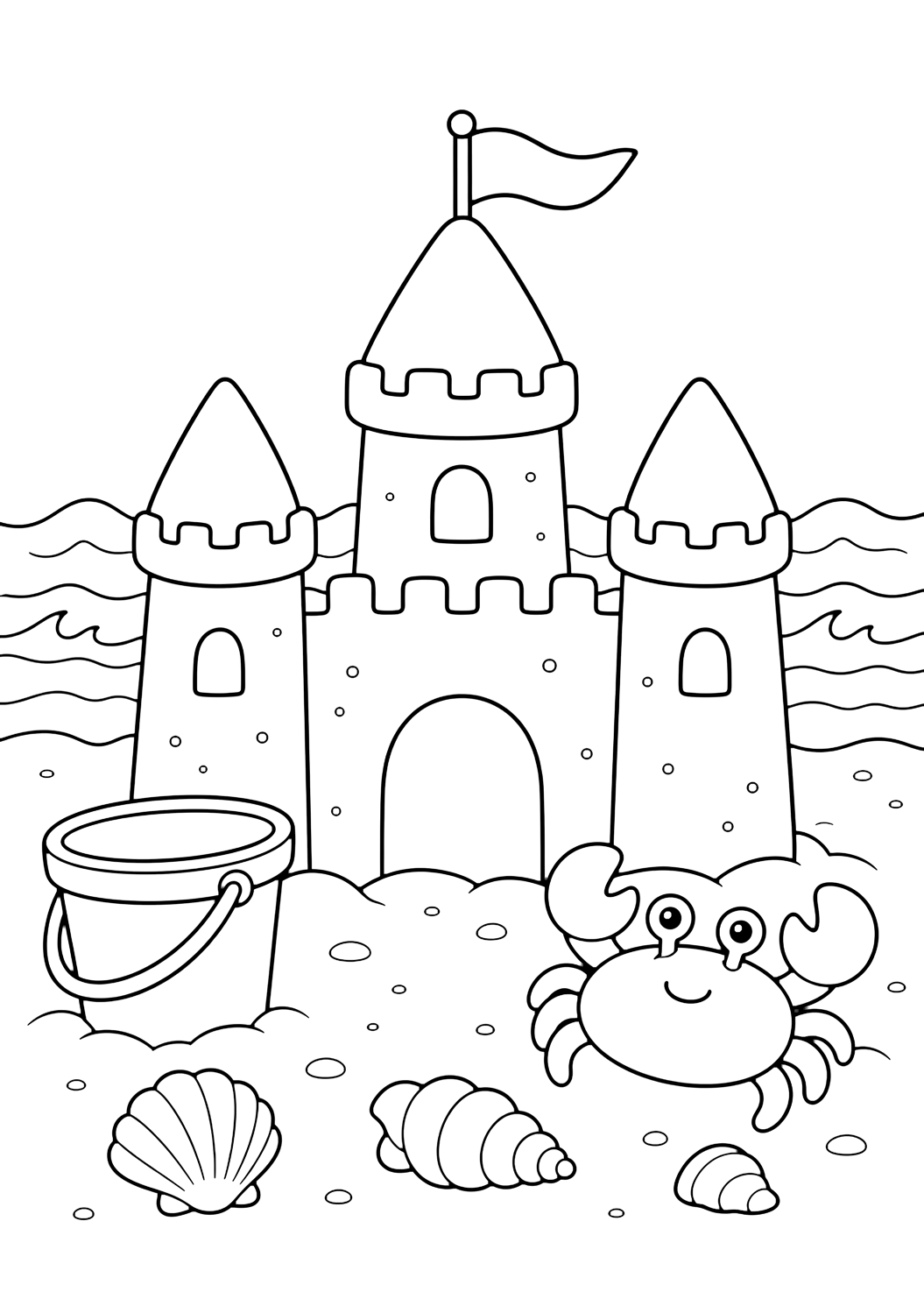 sandcastle with toy crab coloring page with a sandcastle with a cute toy crab shape beside it, a bucket, shells, and simple ocean waves for kids
