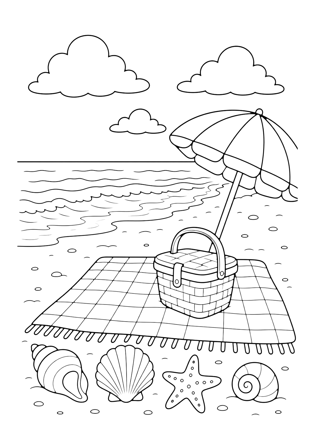 sandy beach picnic coloring page with a simple beach picnic blanket on sand with a basket, umbrella, shells, waves, and soft clouds for kids