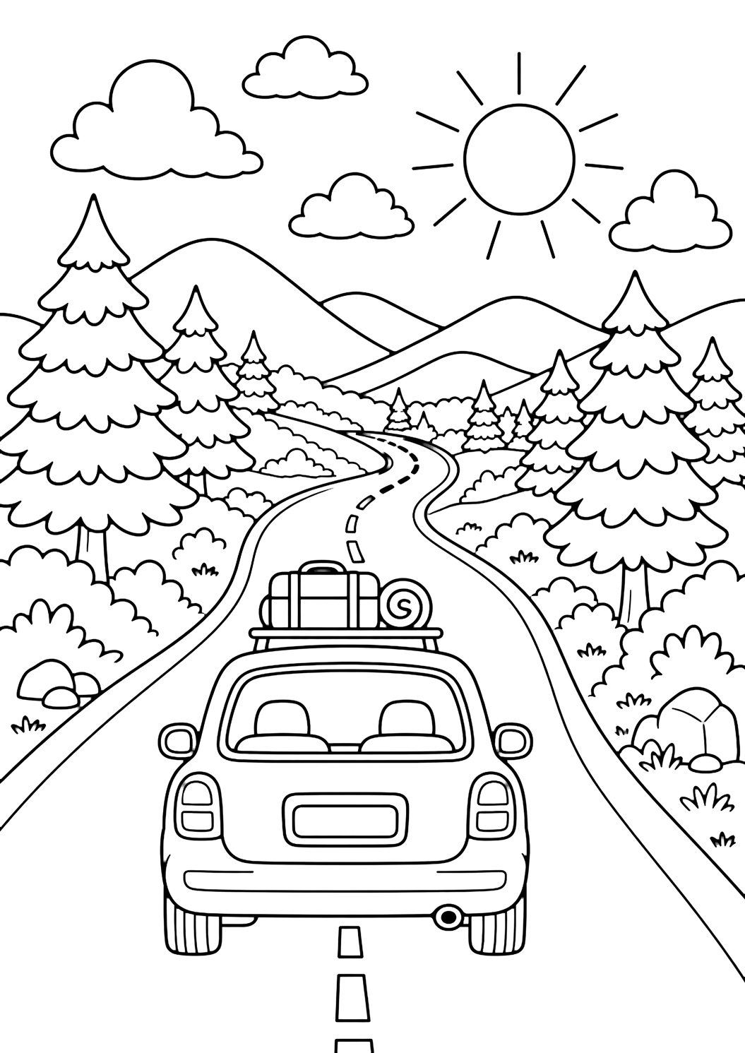 Disegno di viaggio in auto con strada panoramica. Adatto a stampa, download, colorazione online e attività estive.