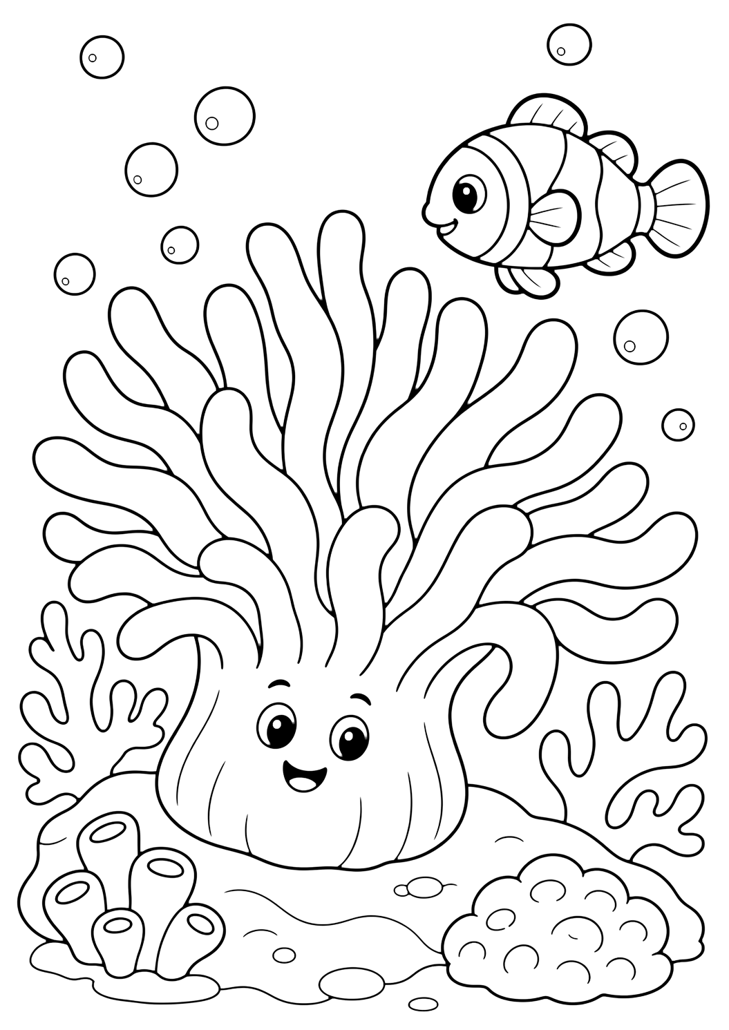 Dibujo para colorear con Anémona de mar. Ideal para niños, temas del océano, impresión y coloreado online.