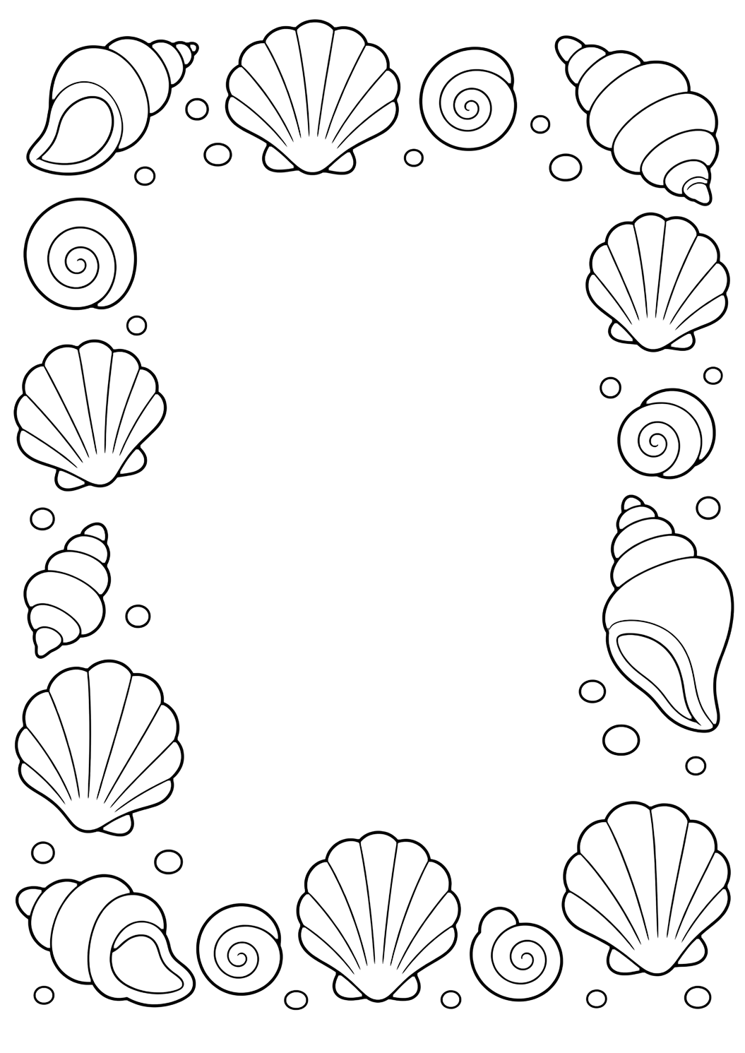 Disegno da colorare con bordo di conchiglie. Adatto a bambini, spiaggia, estate, stampa e colorazione online.