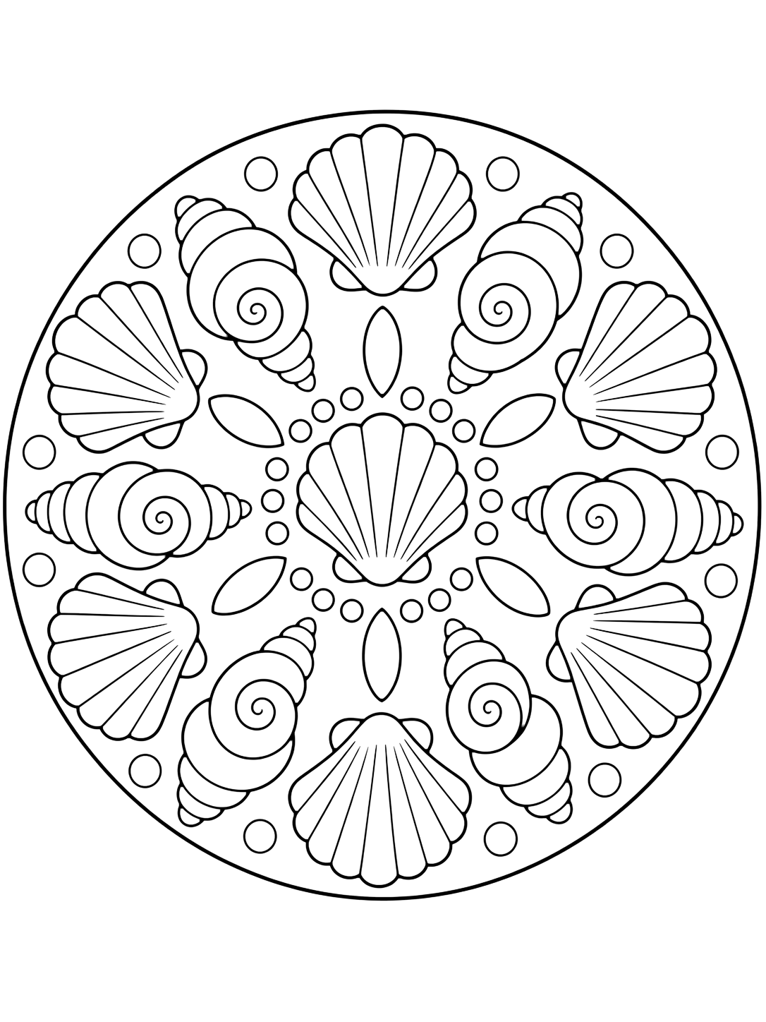 seashell mandala coloring page with an easy round seashell mandala with scallop shells, spiral shells, dots, and broad repeating shapes for kids