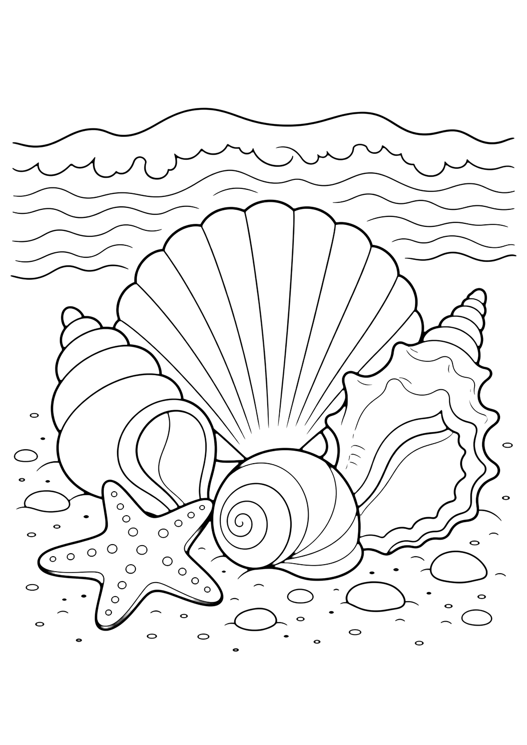 Disegno da colorare con tesoro di conchiglie. Adatto a bambini, spiaggia, estate, stampa e colorazione online.