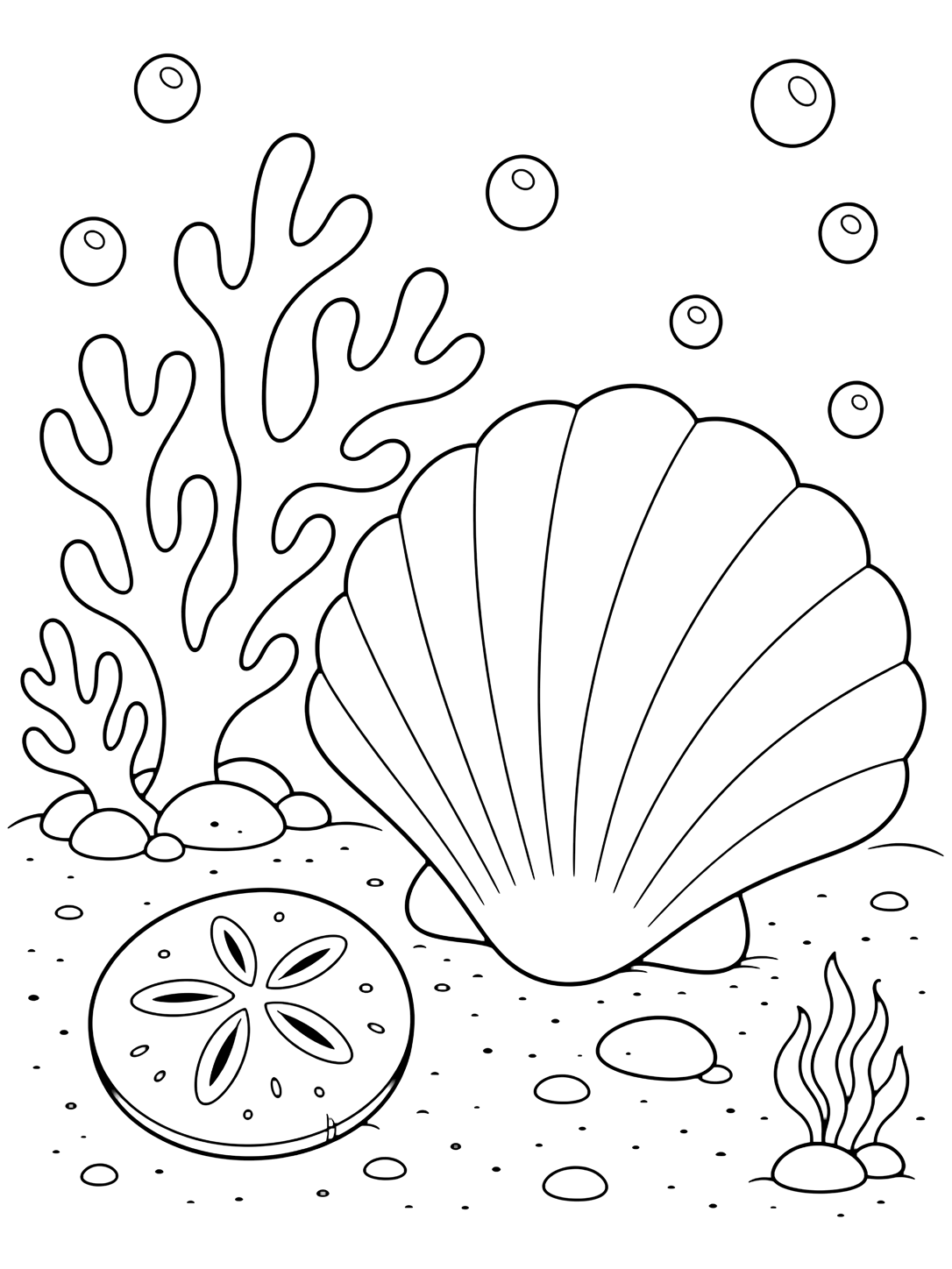 Disegno da colorare con conchiglia con corallo. Adatto a bambini, spiaggia, estate, stampa e colorazione online.