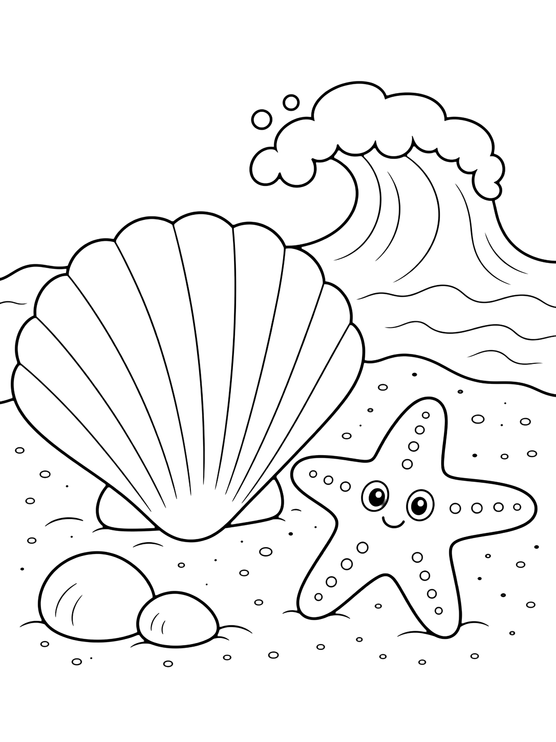 seashell with starfish coloring page with a large seashell beside a friendly starfish, with beach sand, two pebbles, and a curved wave in the background for kids