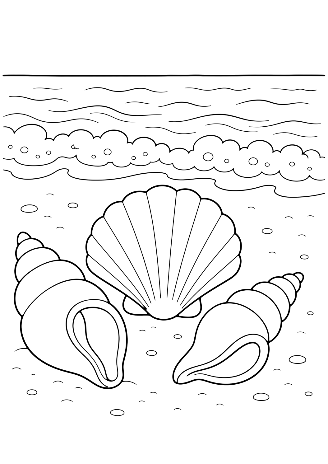 Disegno da colorare con conchiglie vicino alle onde. Adatto a bambini, spiaggia, estate, stampa e colorazione online.