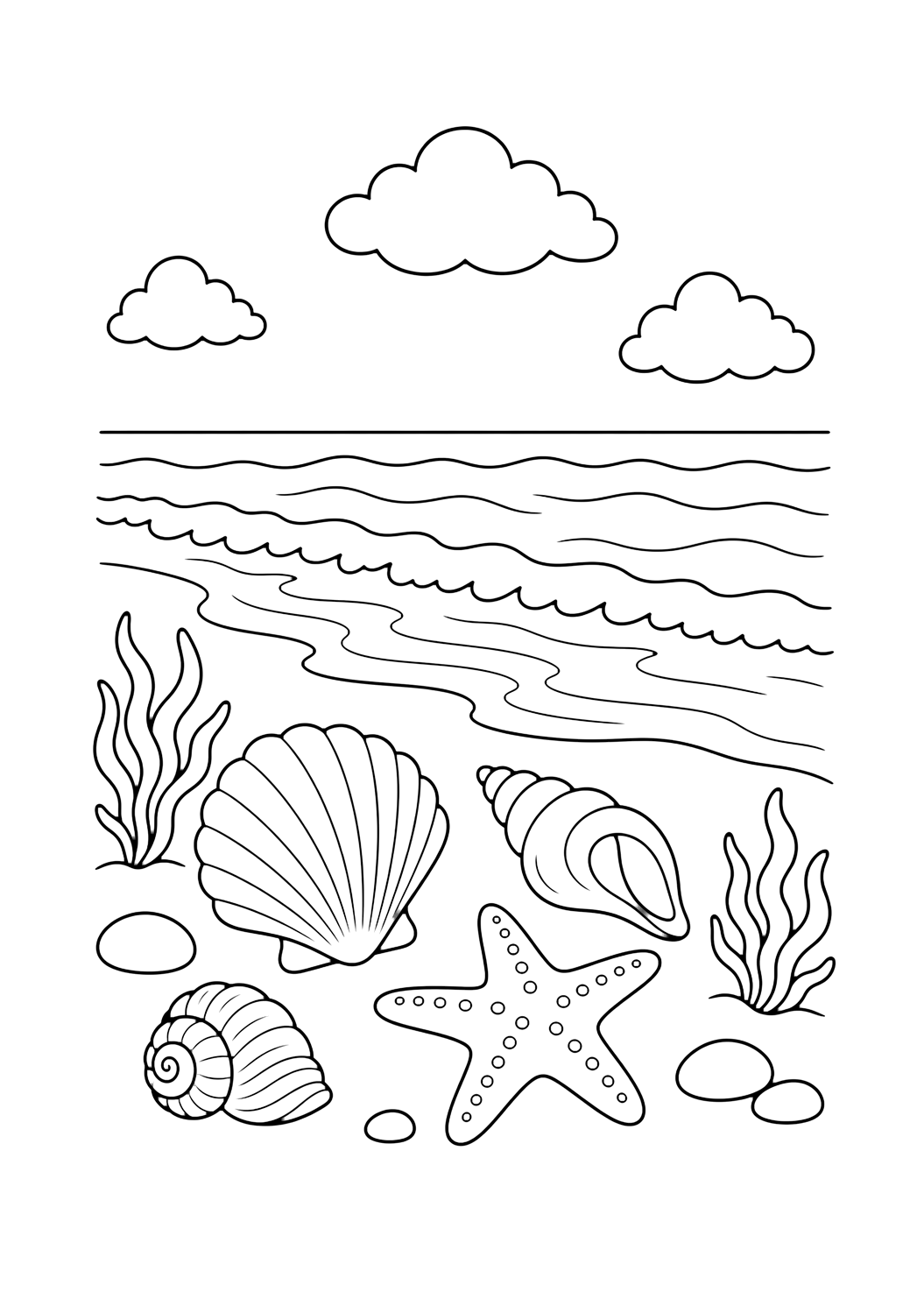 Coloriage coquillages et étoile de mer sur la plage