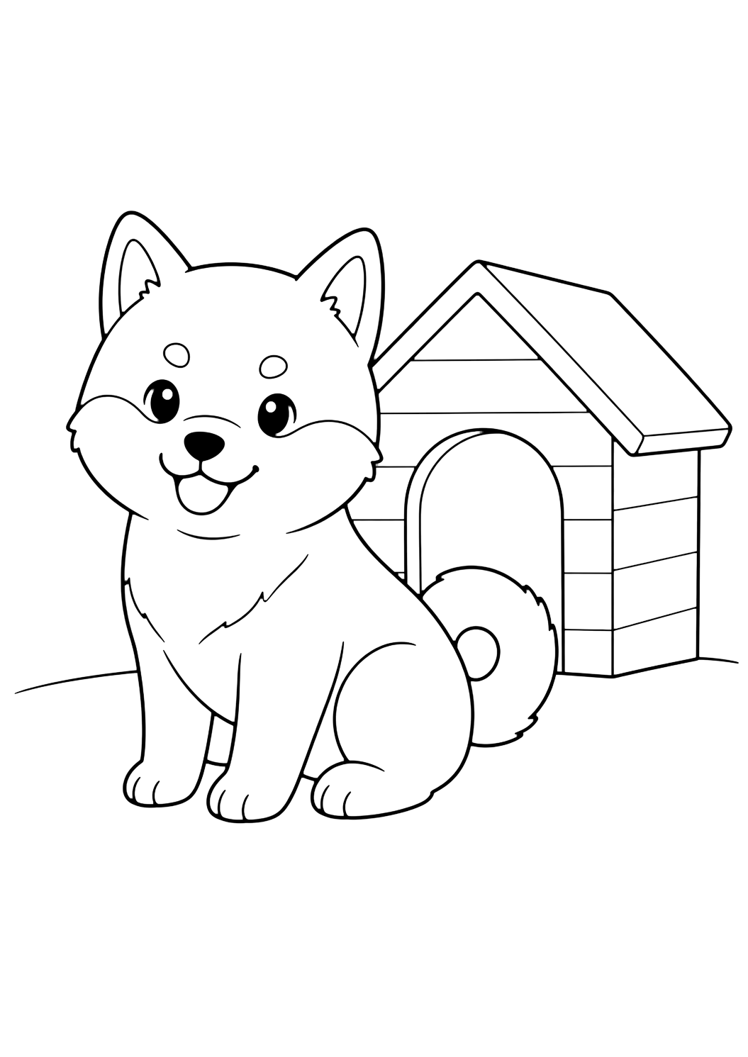 Coloriage shiba inu près de sa niche
