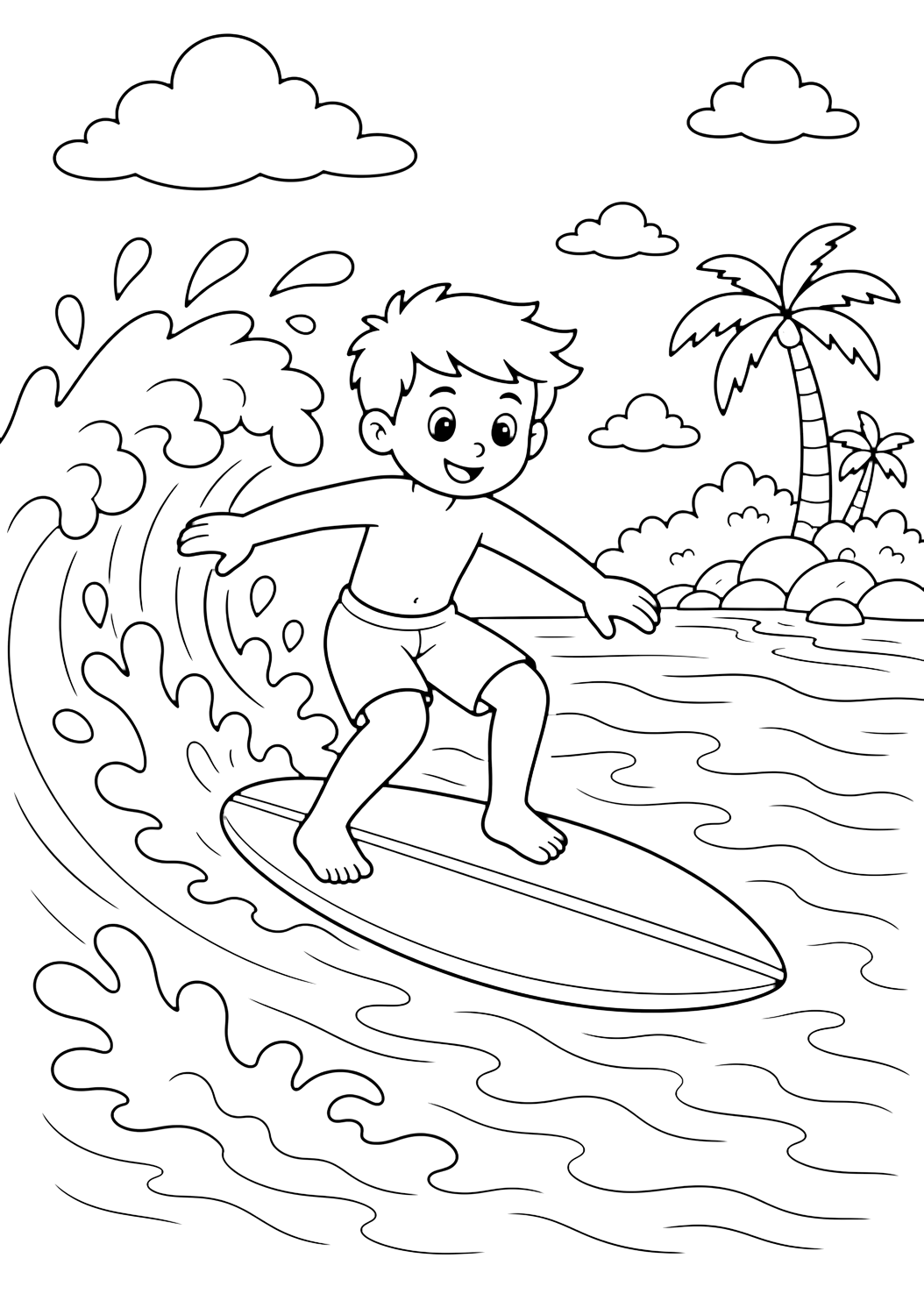 shortboard surfer coloring page with a sporty surfer on a short surfboard turning on a friendly wave, with curved splash shapes and a simple beach horizon for kids