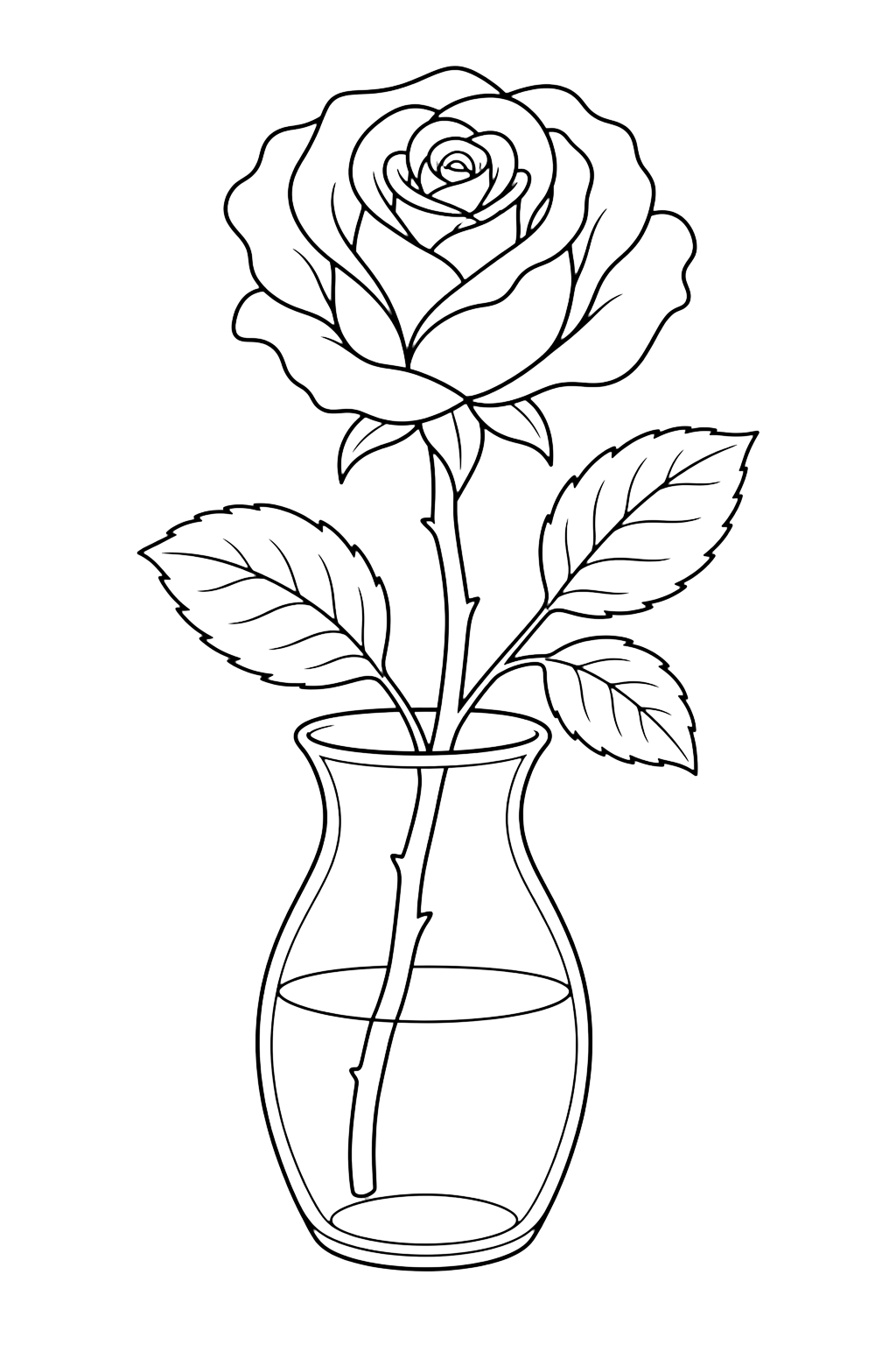 single rose in a vase coloring page with one rose bloom, leaves, glass vase, water line, clean outlines, and no page border for kids