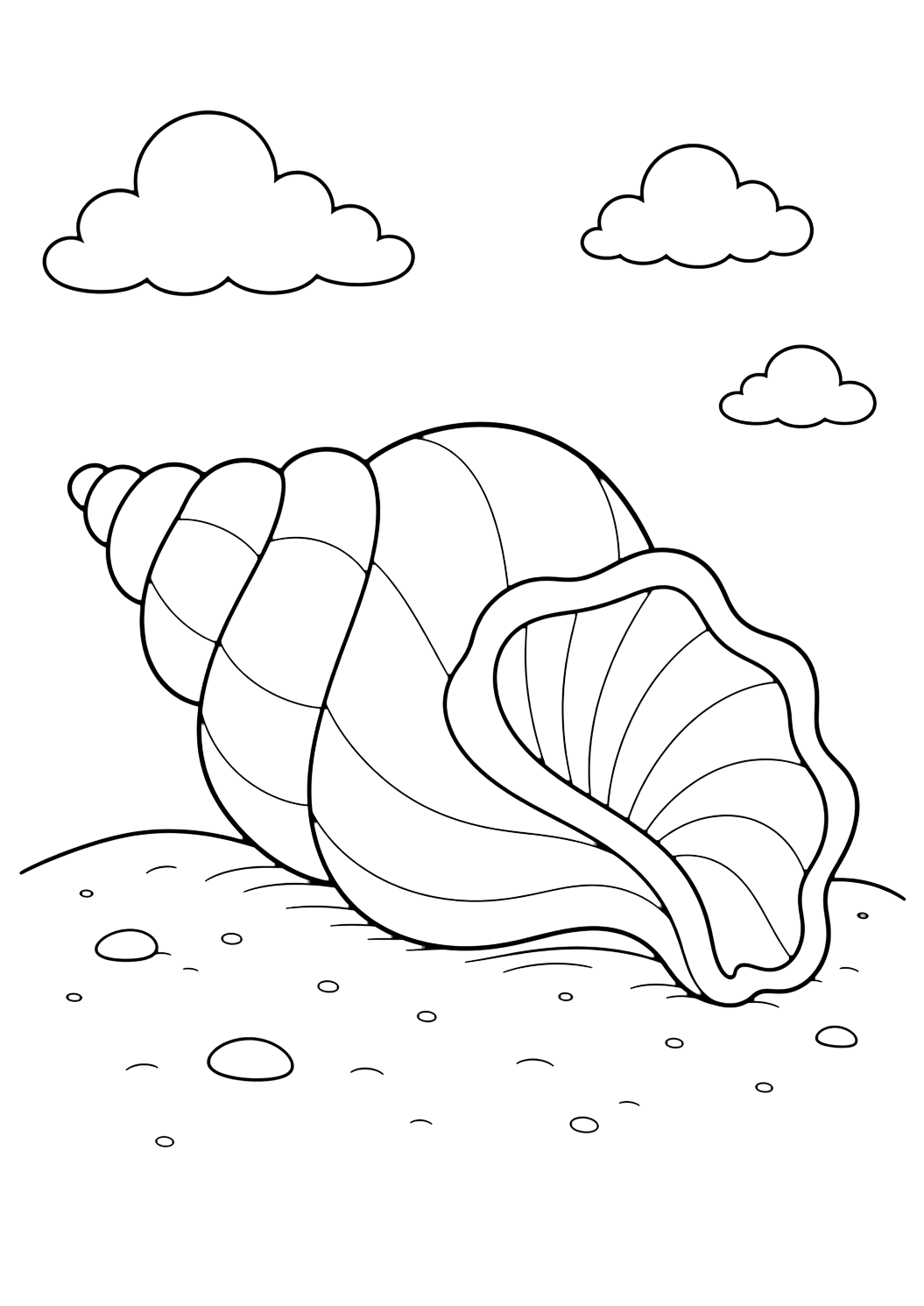 Disegno da colorare con una conchiglia sulla sabbia. Adatto a bambini, spiaggia, estate, stampa e colorazione online.