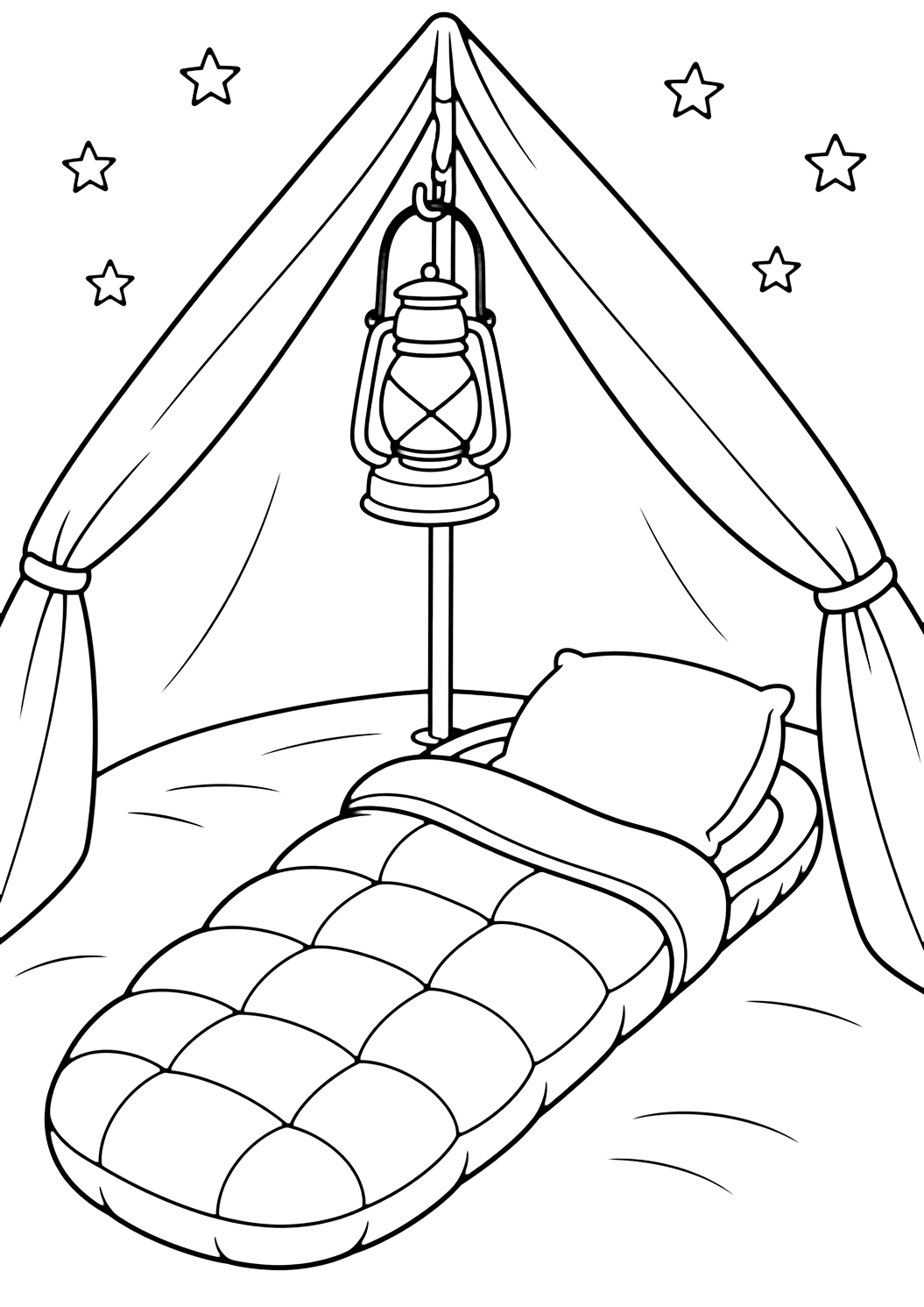 Camping-Ausmalbild mit schlafsack im zelt. Geeignet zum Drucken, Herunterladen, Online-Ausmalen und für ruhige Sommeraktivitäten.