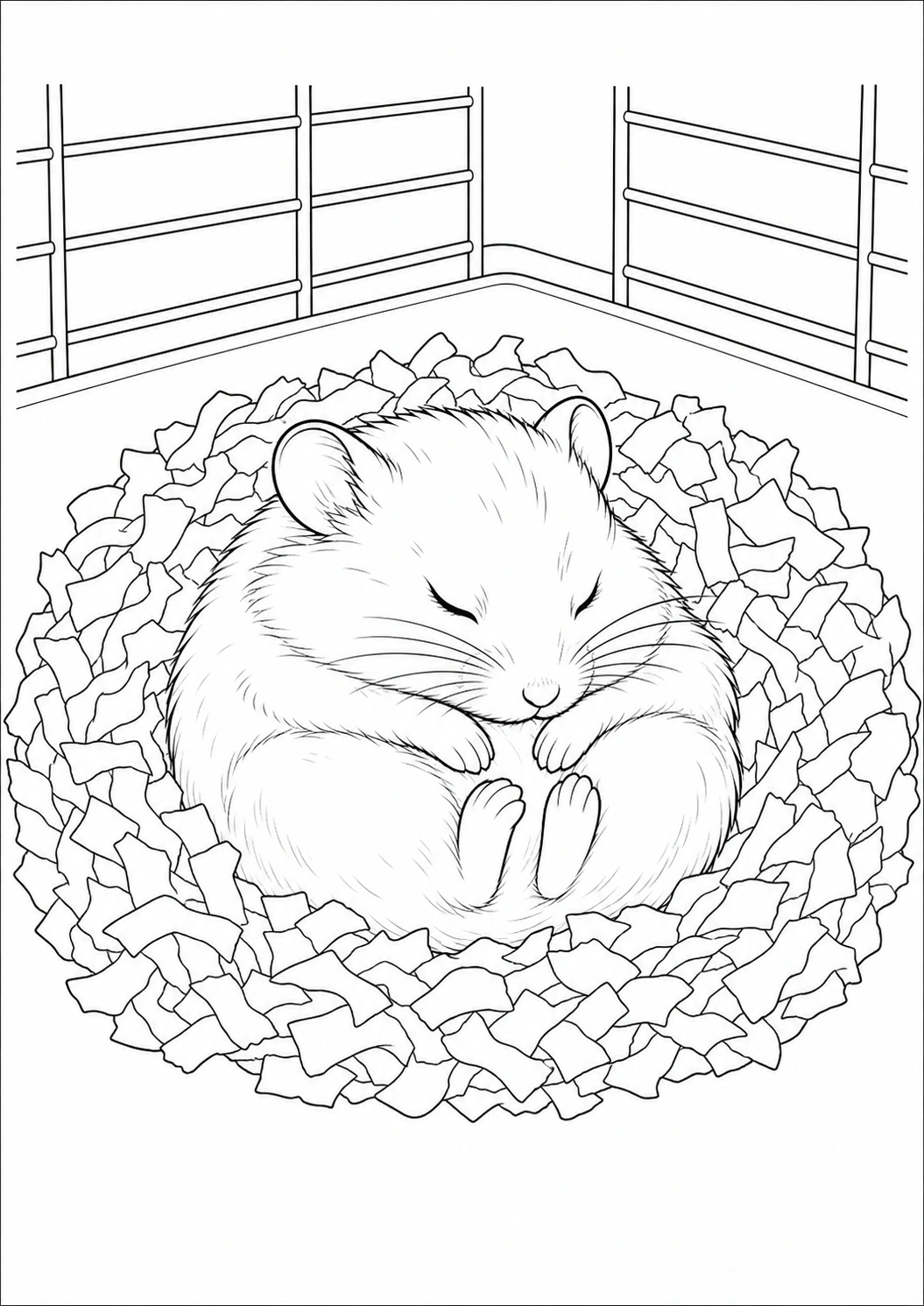 Sleeping Hamster in Nest coloring page for kids