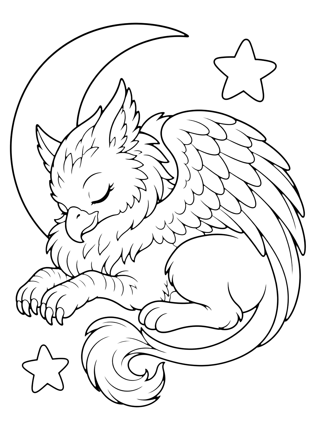 sleepy Griffin with a moon coloring page with a peaceful sleeping griffin curled beside one crescent moon with folded wings and a curled tail and one crescent moon and two large stars