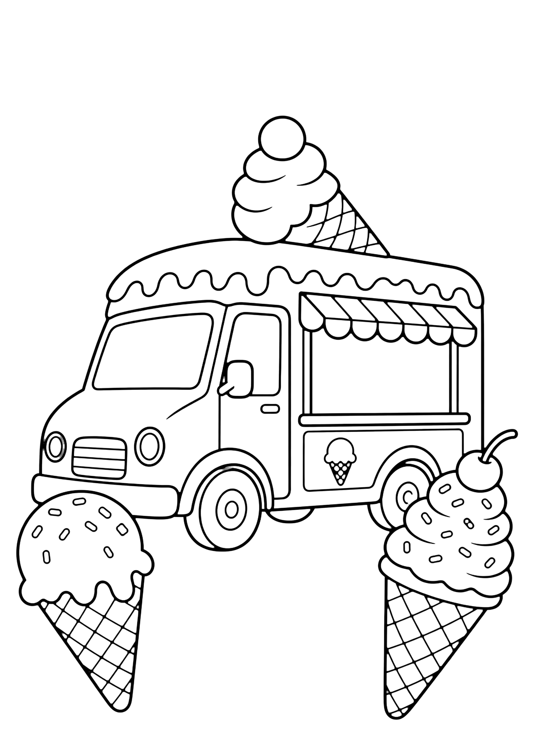 small ice cream truck and cones coloring page with a small ice cream truck with two large ice cream cones beside it, simple wheels, a blank window sign, and lots of white space for kids