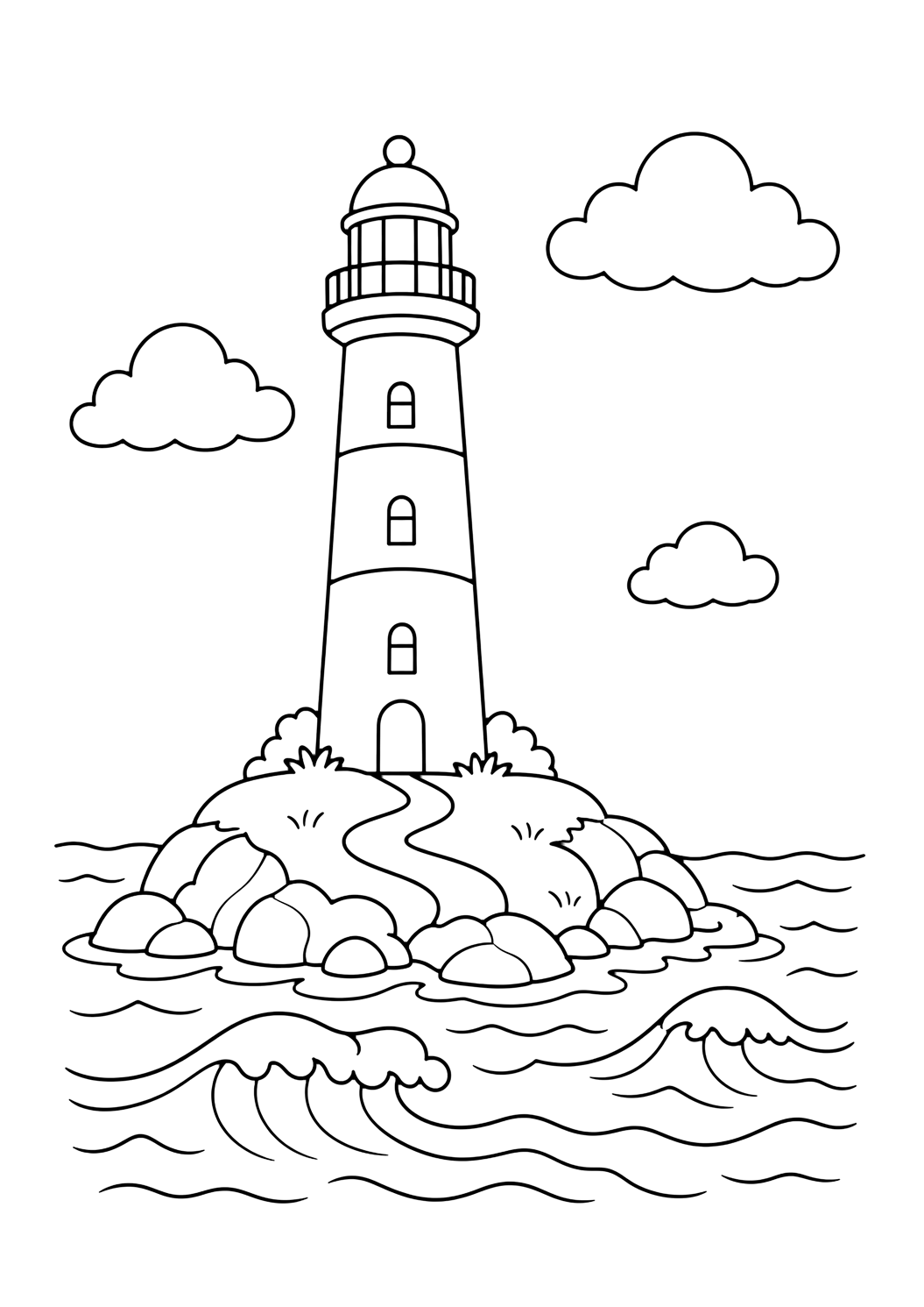 small island lighthouse coloring page with a lighthouse on a small island with waves around it, rocks, a tiny path, and open sky for kids