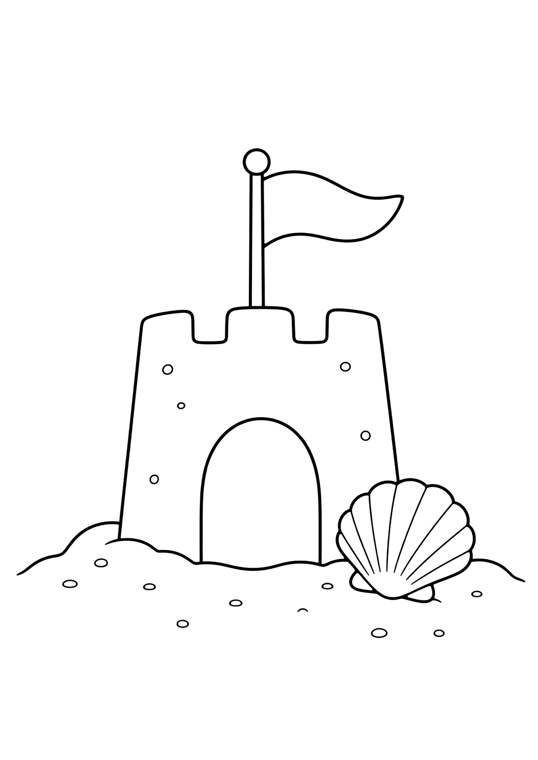 small sandcastle for toddlers coloring page with a small rounded sandcastle with one big tower, one flag, one shell, and very wide empty spaces for kids