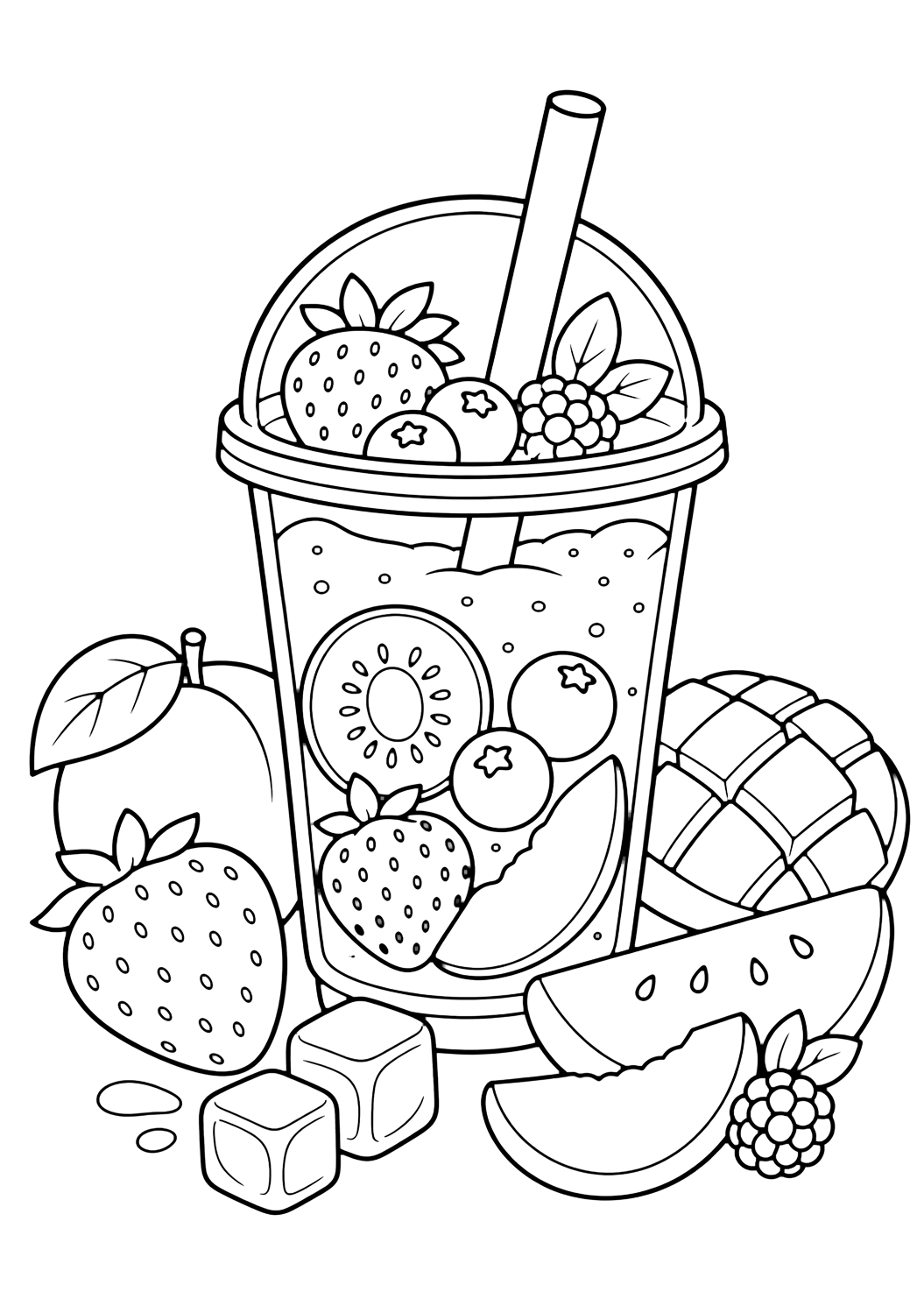 smoothie fruit cup coloring page with a clear smoothie cup with a straw, large fruit pieces around it, a berry garnish, ice cubes, and no label or words