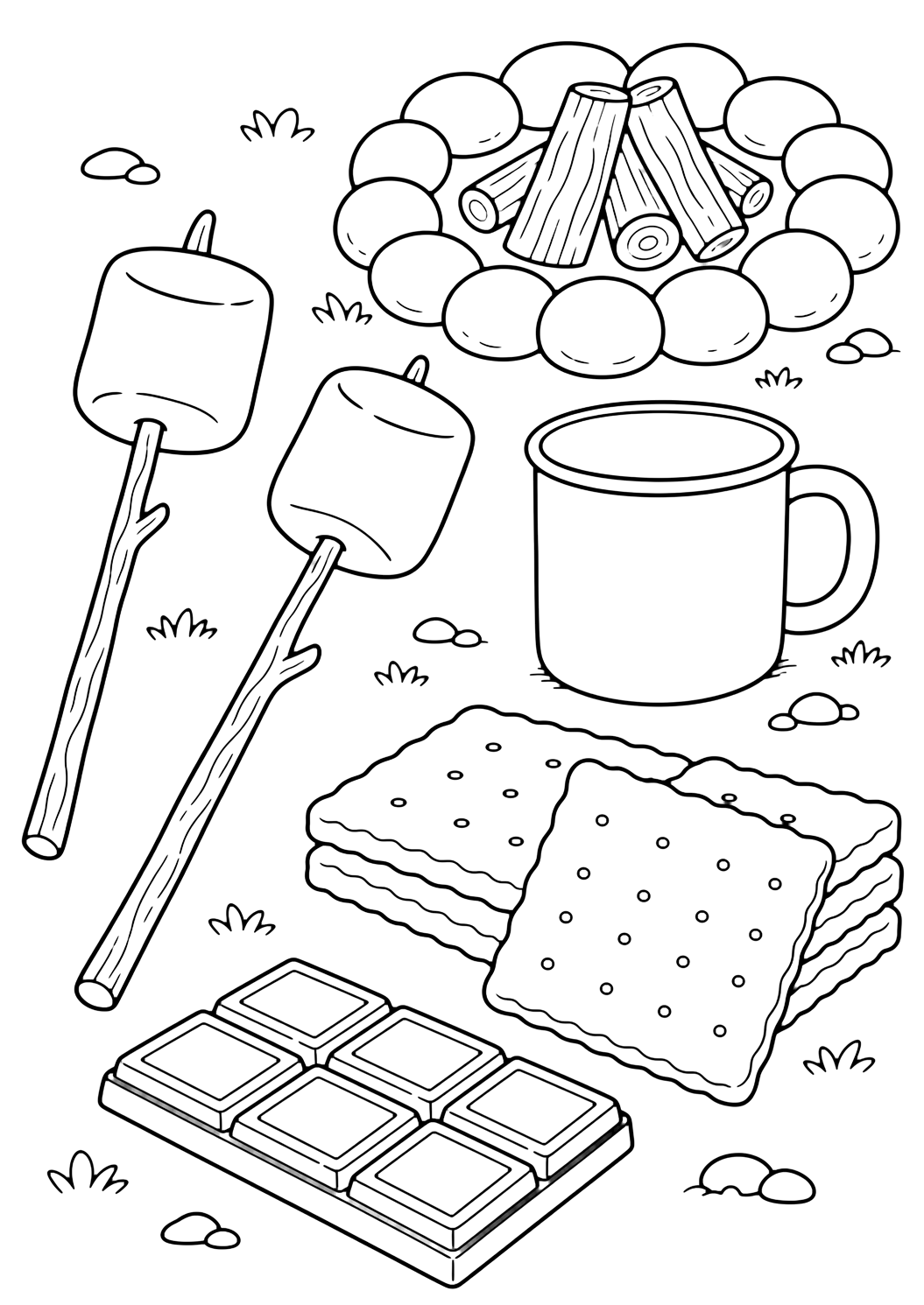 Dibujo de camping con s'mores de camping. Ideal para imprimir, descargar, colorear online y actividades tranquilas de verano.