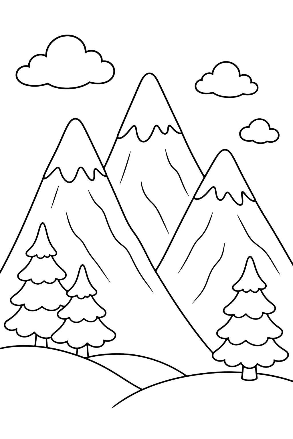 snow-capped mountain peaks coloring page with three tall snow-capped mountain peaks with simple snow lines, rounded clouds, and a few pine trees at the base for kids