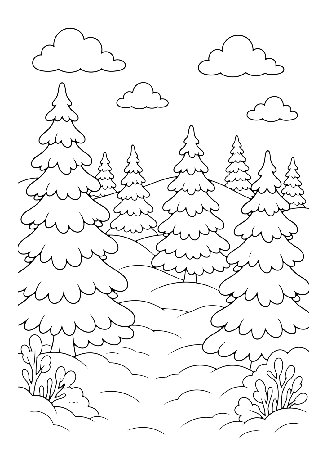 snow covered evergreens coloring page with snow-covered evergreen trees with simple snow layers, hills, clouds, and open sky for kids