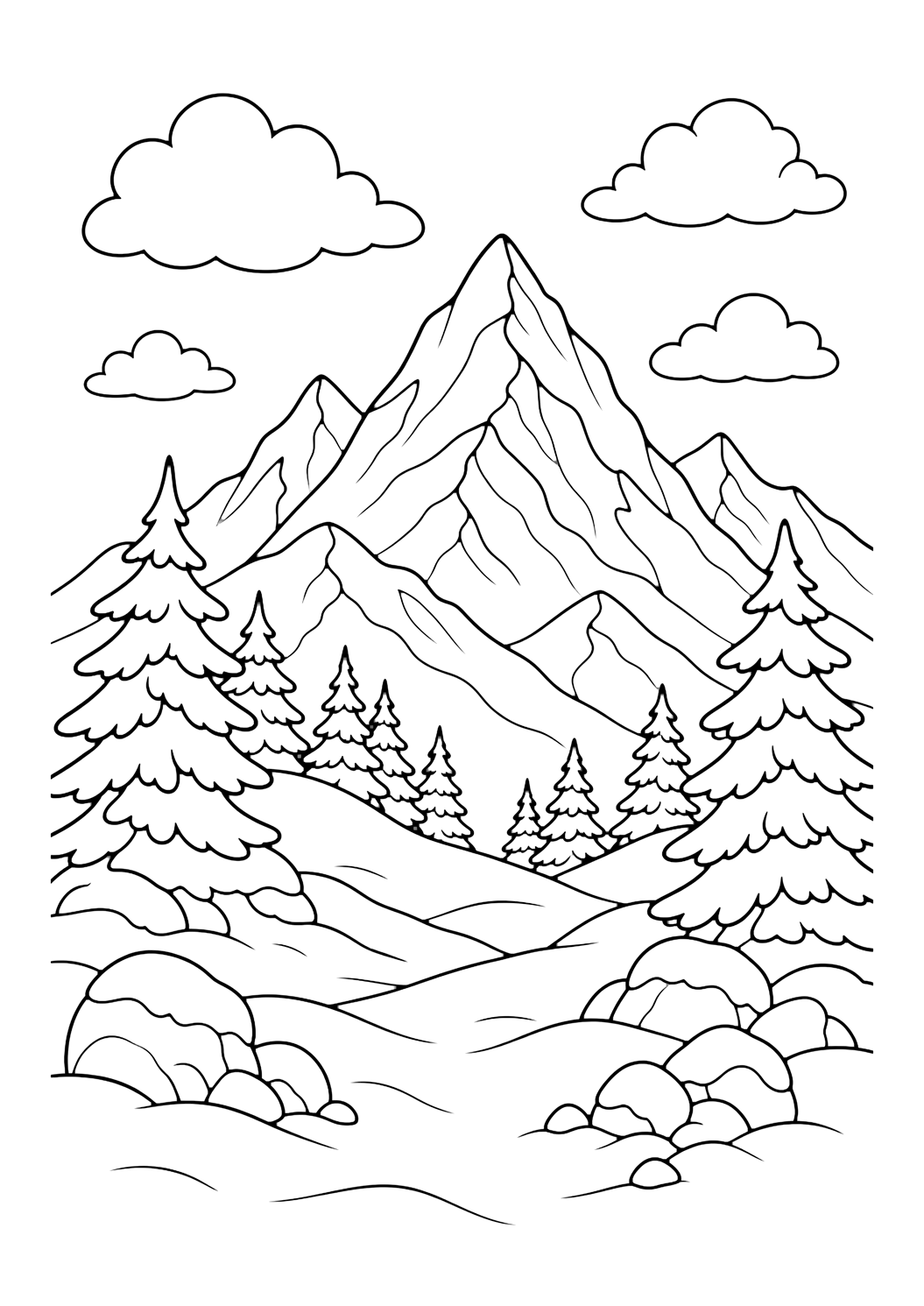 snow covered mountain peaks coloring page with snow-covered mountain peaks with pine trees, clouds, rocks, and open winter sky for kids