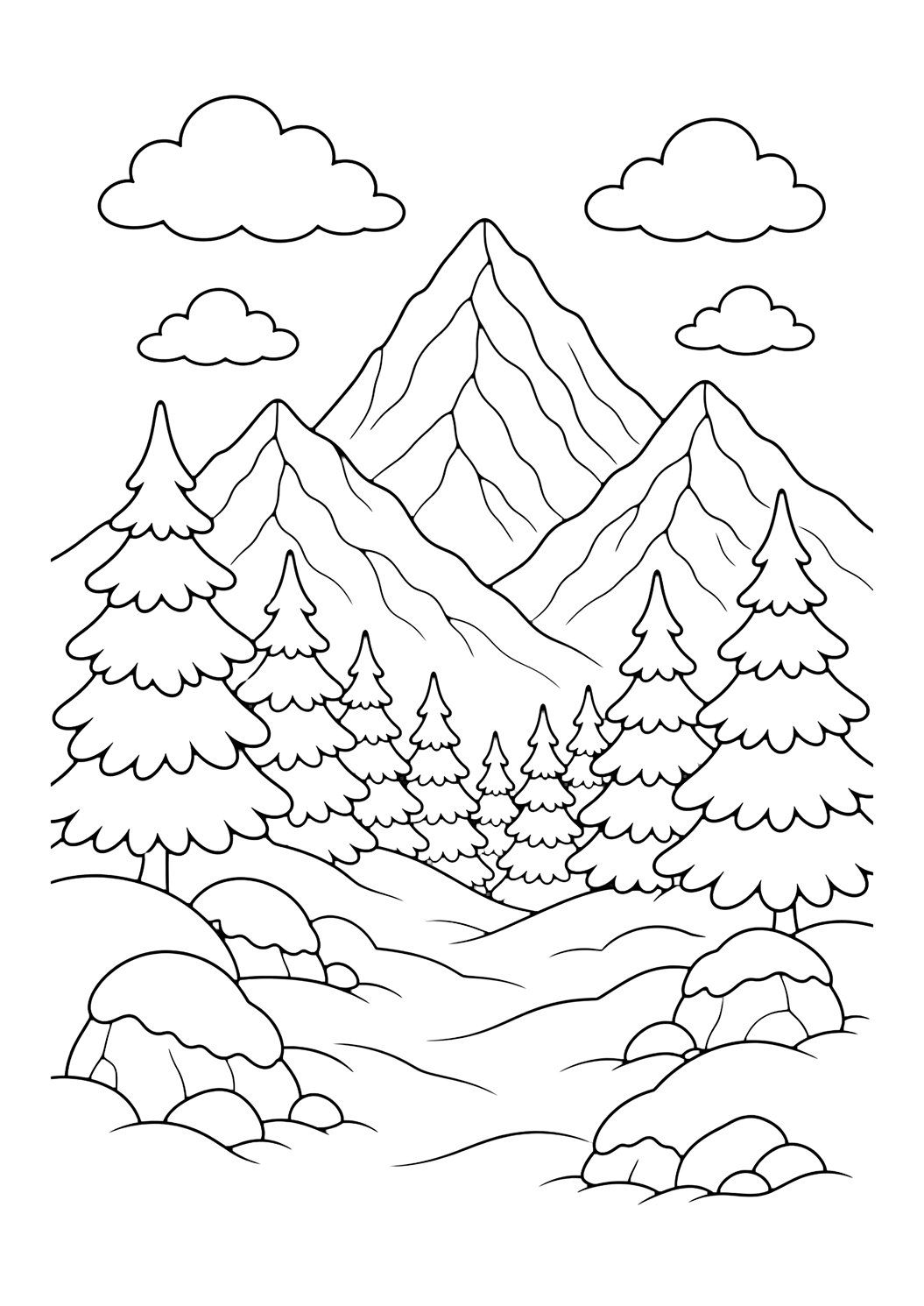 Verschneiter Alpenwald Ausmalbild