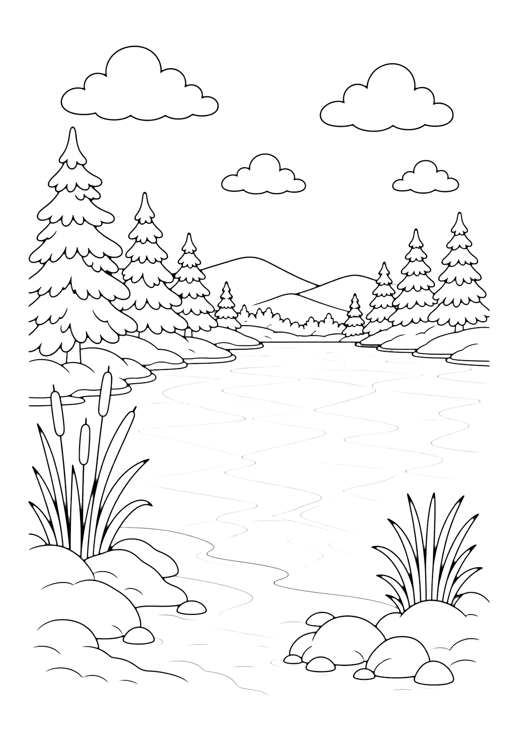 Ausmalbild verschneites, zugefrorenes Seeufer mit Schilf, Felsen, Kiefern, Eislinien und offenem Himmel für Kinder
