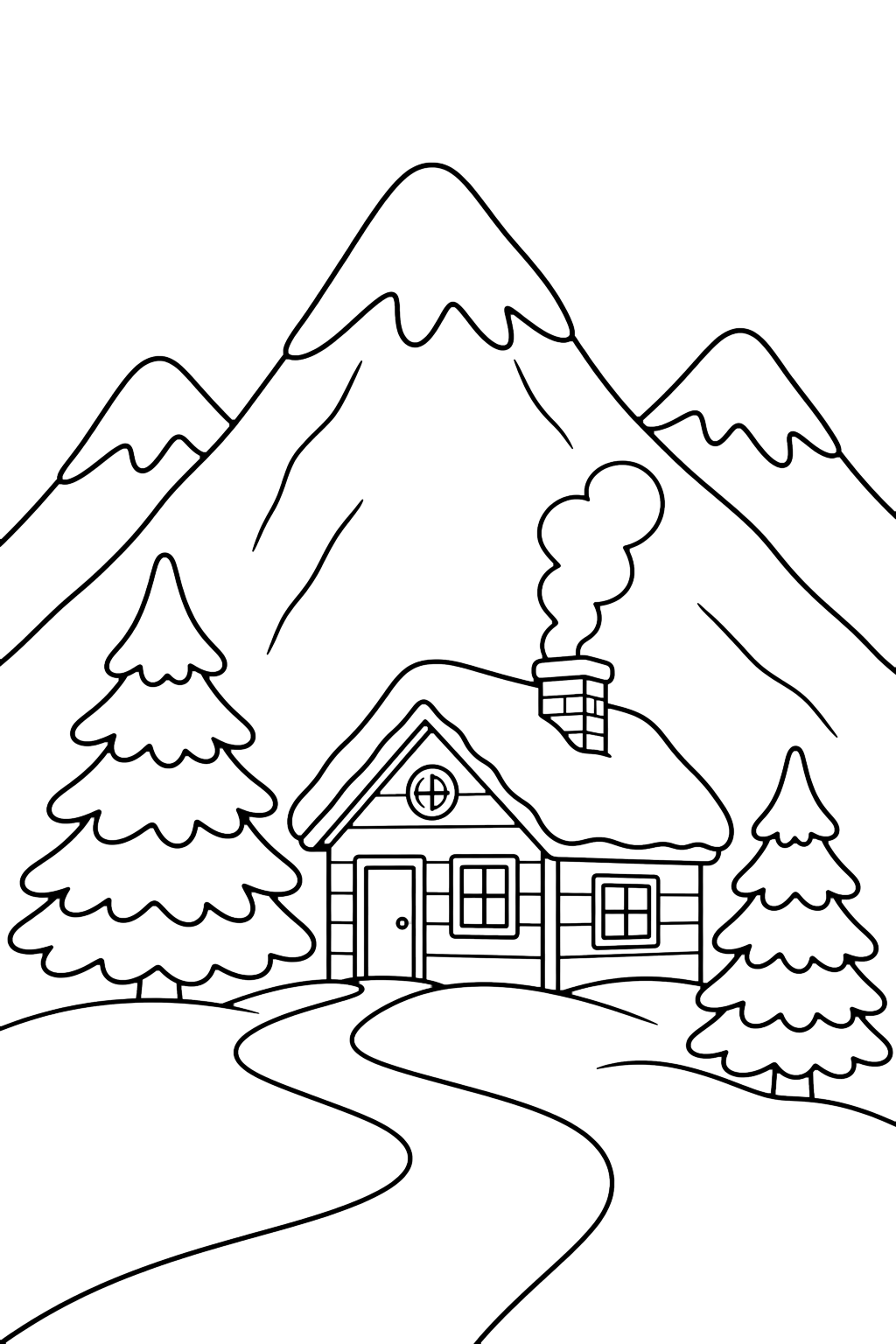 snowy mountain cabin coloring page with a small cabin in front of snowy mountains with two pine trees, a simple snowy path, and soft smoke from the chimney for kids