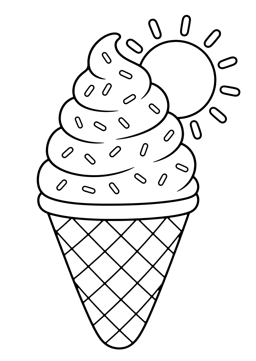 soft serve ice cream cone coloring page with one swirled soft serve ice cream cone with a waffle cone, small sprinkles, and a simple summer sun behind it for kids