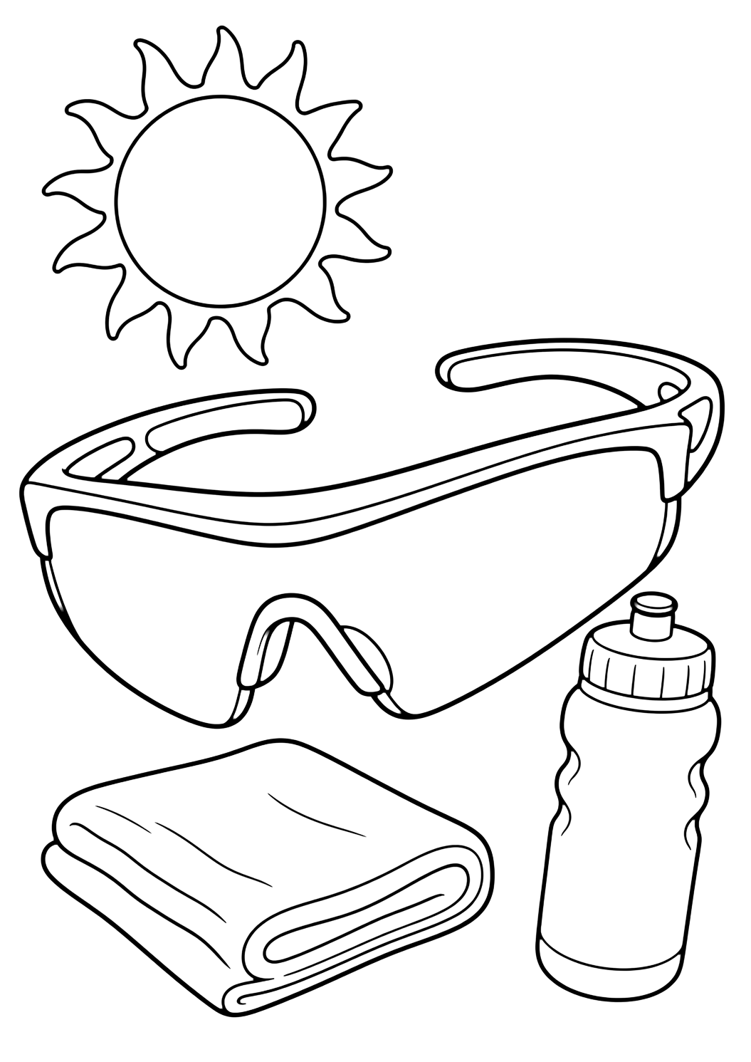 sport sunglasses coloring page with wraparound sport sunglasses with a blank water bottle, small towel, and simple sun