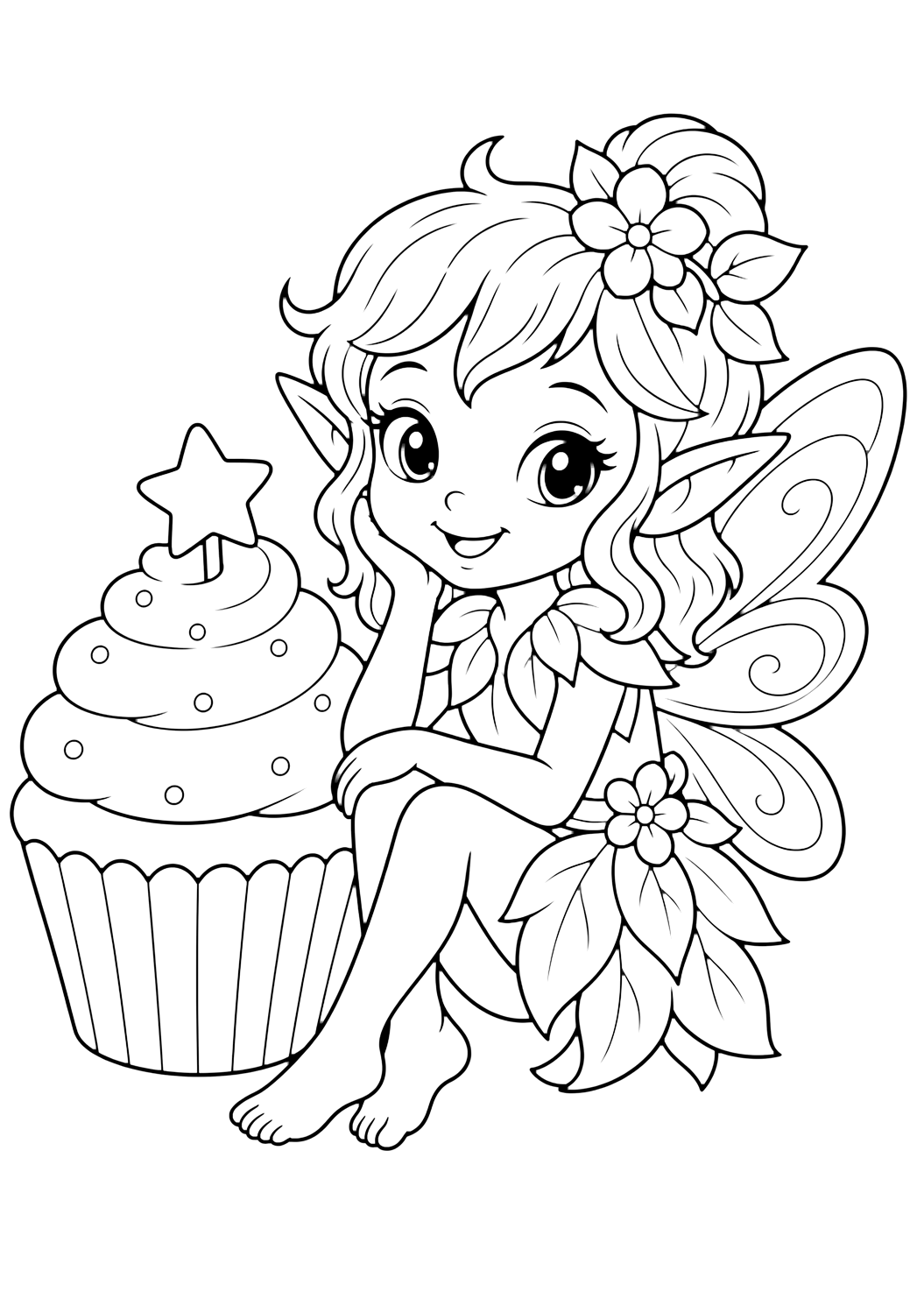 Sprite with a cupcake coloring page with a cute sprite sitting beside one large cupcake with simple frosting and a small star topper and one large cupcake with a small star topper