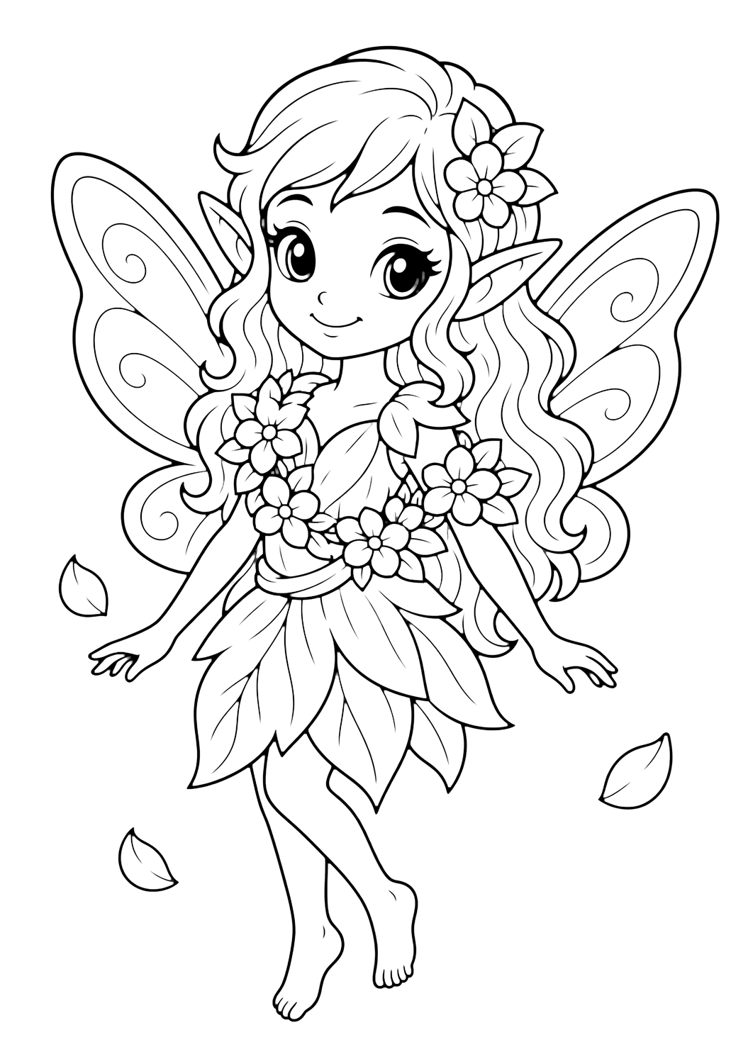 Lutin avec guirlande de fleurs à colorier