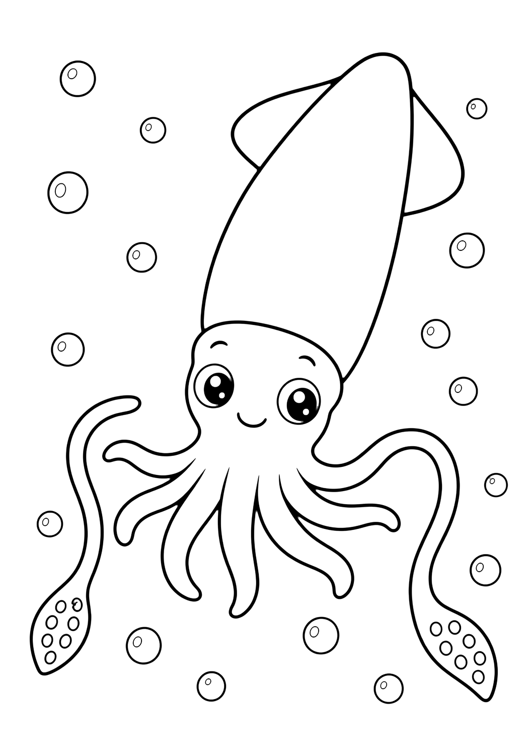 Coloriage avec Calmar. Idéal pour enfants, thèmes de l'océan, impression et coloriage en ligne.