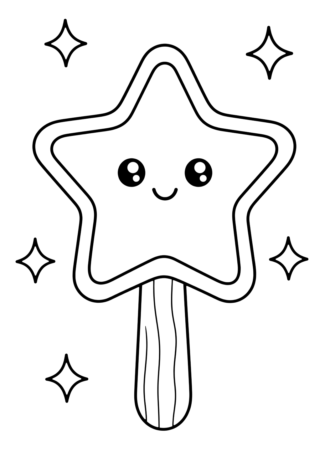 star-shaped popsicle coloring page with a star-shaped popsicle on a wooden stick with rounded points, small sparkle shapes, and lots of white space for kids