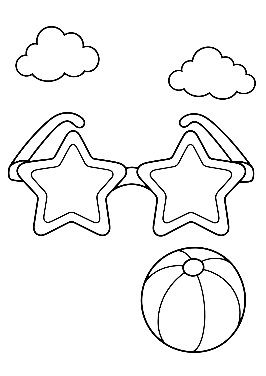 star sunglasses coloring page with star-shaped sunglasses with a beach ball, two small clouds, and open white space
