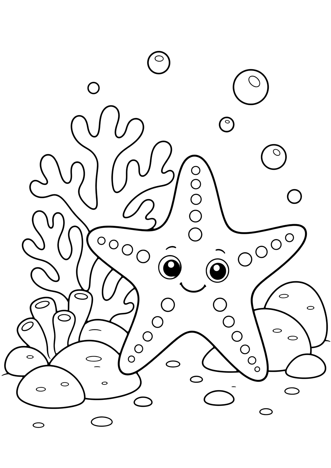 starfish and coral reef coloring page with a starfish beside simple coral branches, rounded reef rocks, a few bubbles, and an open underwater background for kids