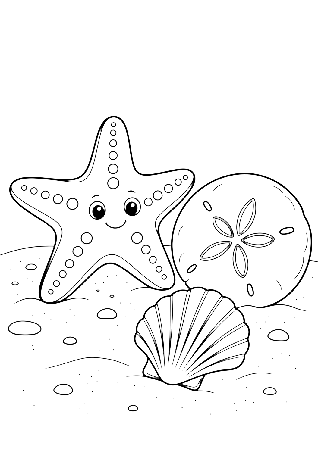 starfish and sand dollar coloring page with a starfish next to a large sand dollar and one scallop shell on smooth beach sand for kids