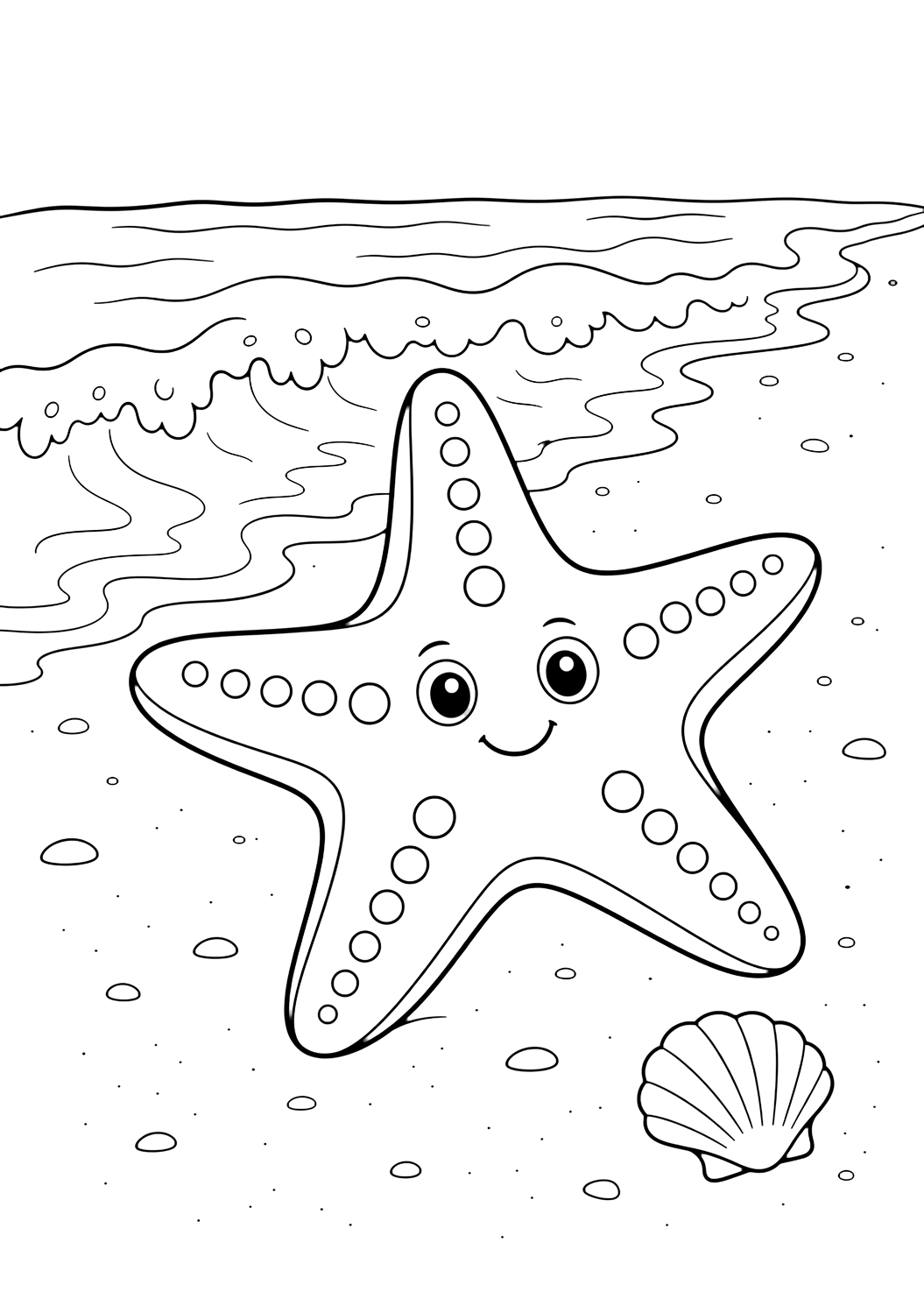 starfish by ocean waves coloring page with a large starfish near gentle ocean waves with simple foam shapes, smooth sand, and a small shell nearby for kids